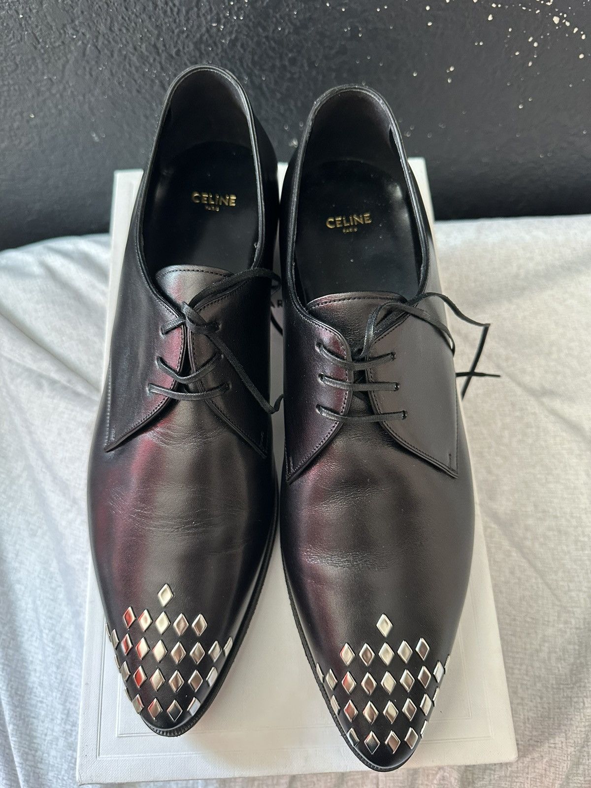 image of Orgl $1350 Celine By Heidi Slimane Runway Studded Derby New Shoes in Black, Men's (Size 11)