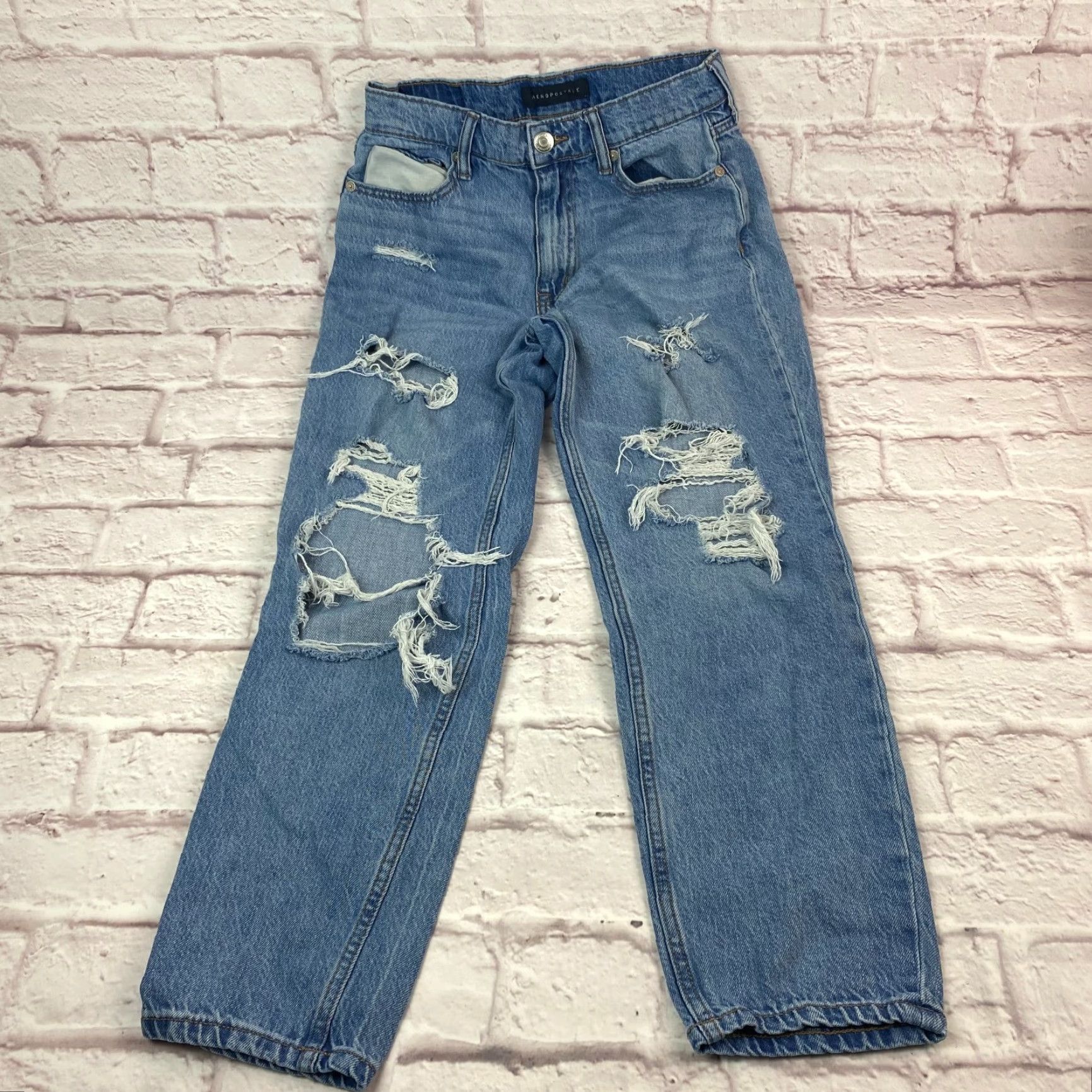 Vintage Aéropostale Mom Jeans Womens Size 2 High Rise Stretch Distressed Medium Wash Blue Denim Jeans Size 26" / US 2 / IT 38 - 2 Thumbnail