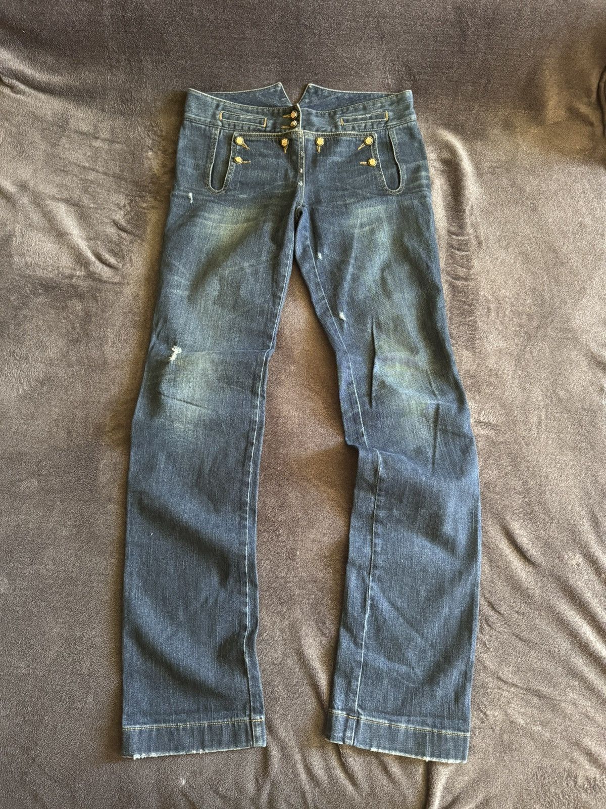 Vintage Navy Military Style Button Front Denim Jeans