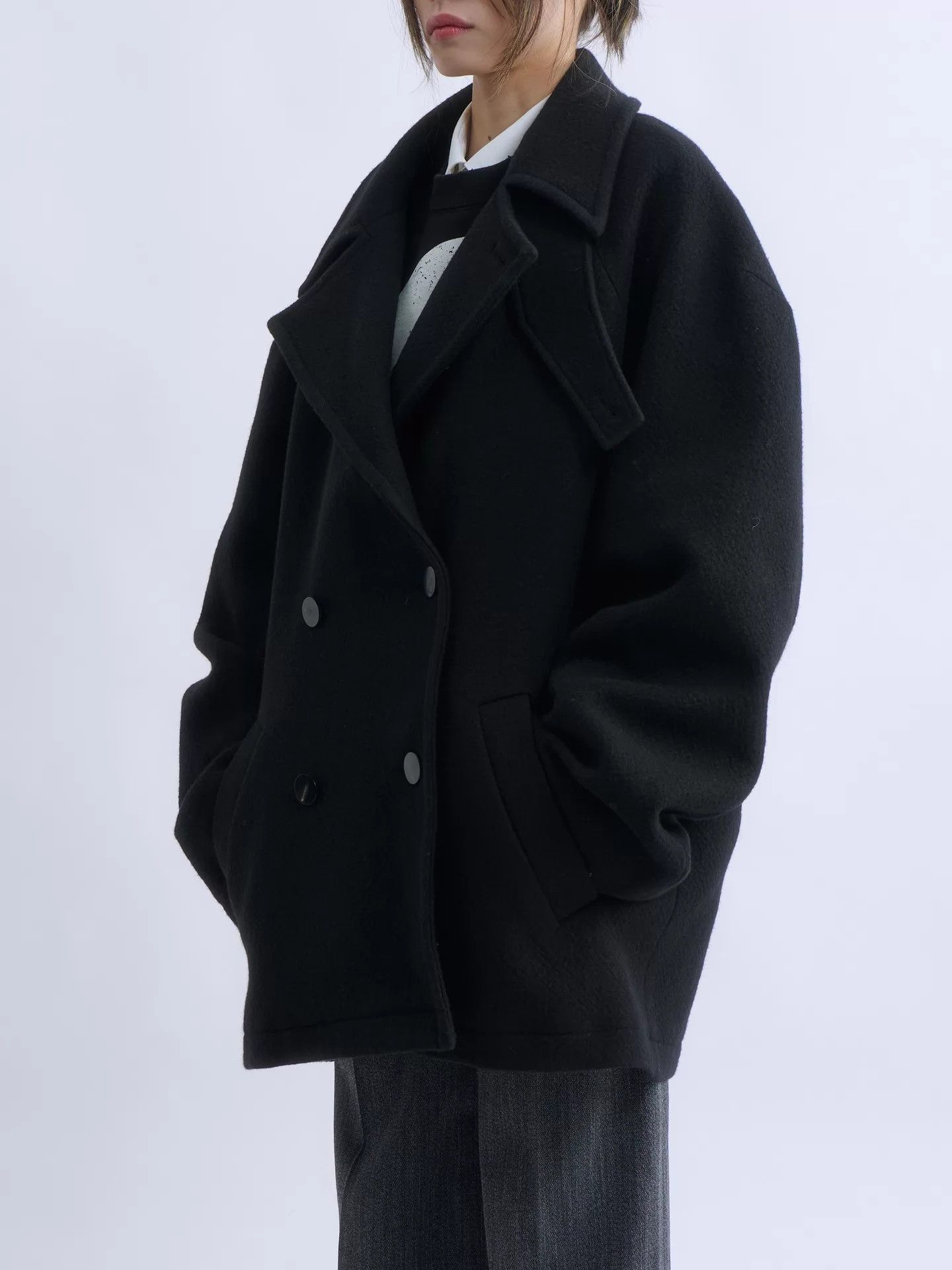 Structure STRUCTURA black boxy double-breasted wool short pea coat Size M / US 6-8 / IT 42-44 - 3 Thumbnail