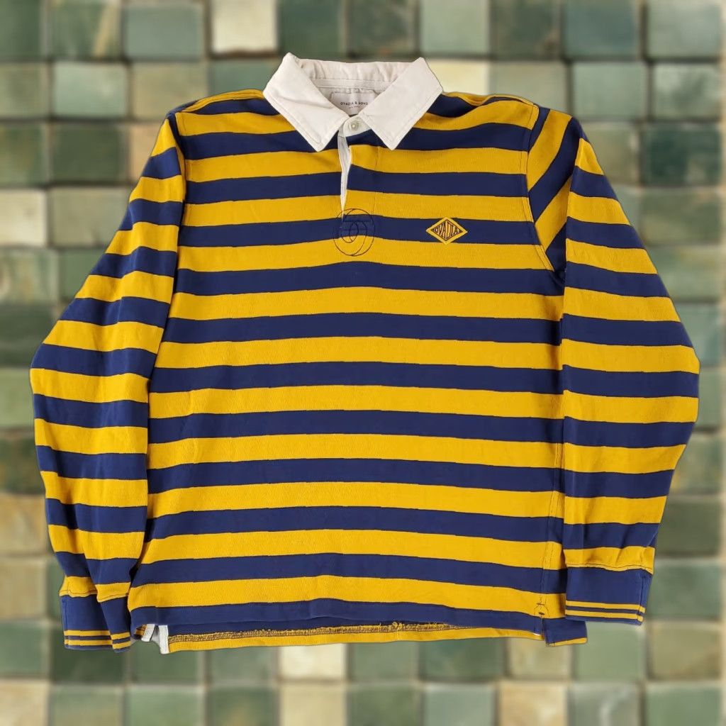 Vintage Ovidia & Sons Rugby Shirt Yellow Blue Striped Long Sleeve Mens L Polo Collared Shirt Size US L / EU 52-54 / 3 - 1 Thumbnail