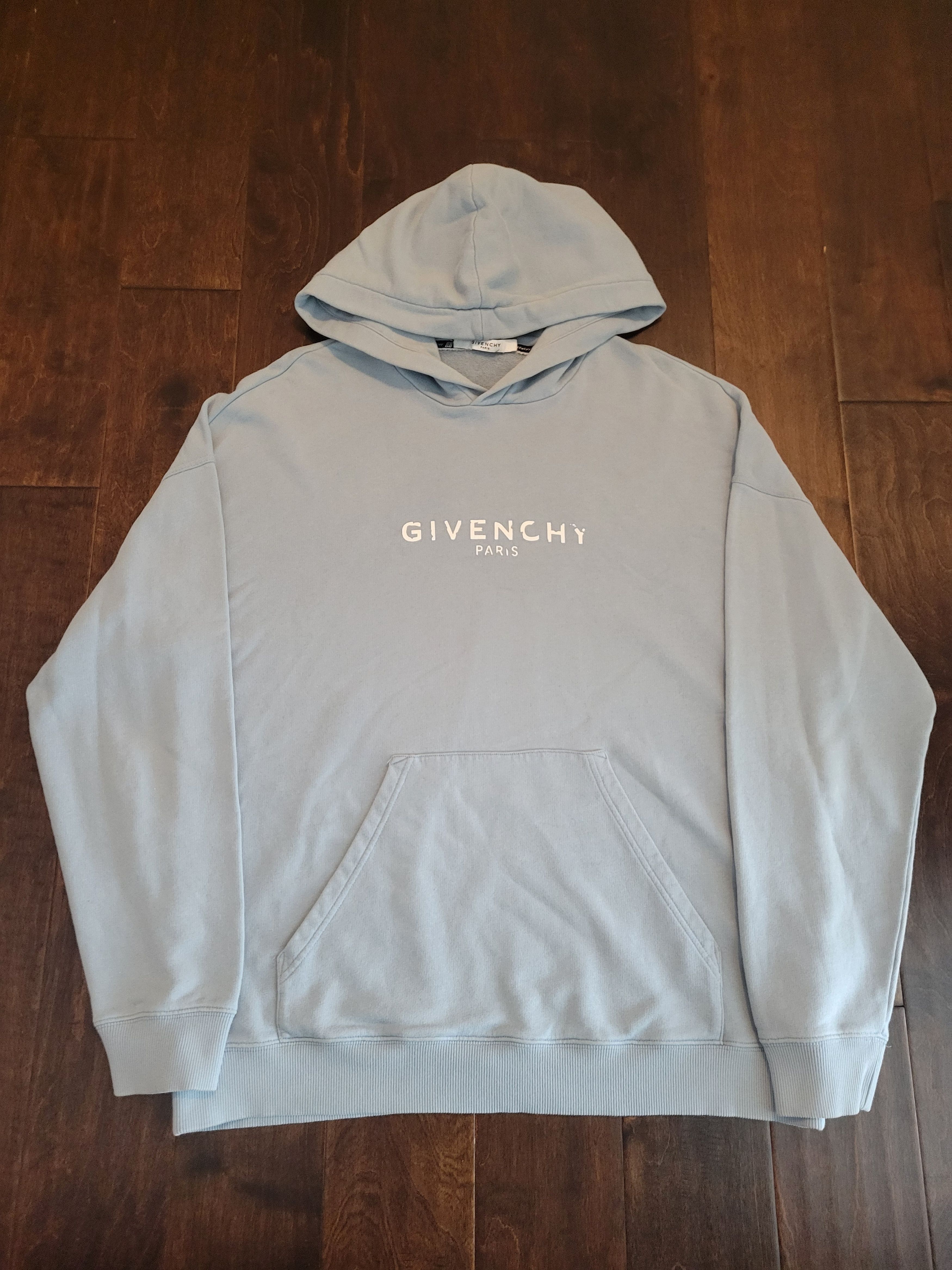 Image of Givenchy Distressed Logo Grey Blue Hoodie, Men's (Size XL)