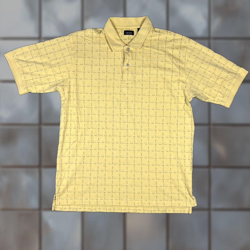 Izod VINTAGE IZOD Polo Shirt Mens Large Striped Text All Over Print Yellow 100% Cotton Short Sleeve Button Closure Casual Rugby Style Retro Modern Mens Size US L / EU 52-54 / 3 - 1 Thumbnail