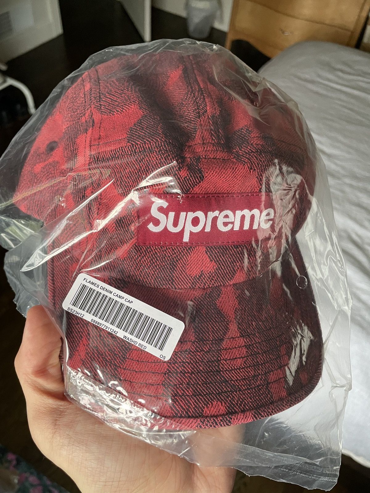 Supreme Flames Jacquard Denim Camp Cap Washed Red SS23 New