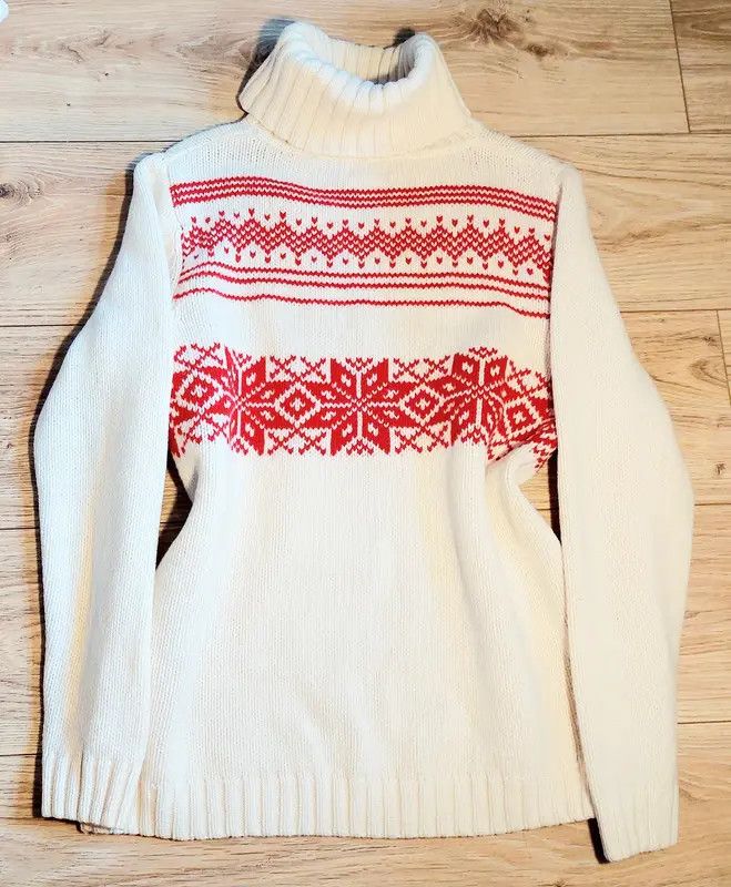 Other 100% wool sweater turtleneck Jean Paul ecru red thick weave Size L / US 10 / IT 46 - 1 Thumbnail