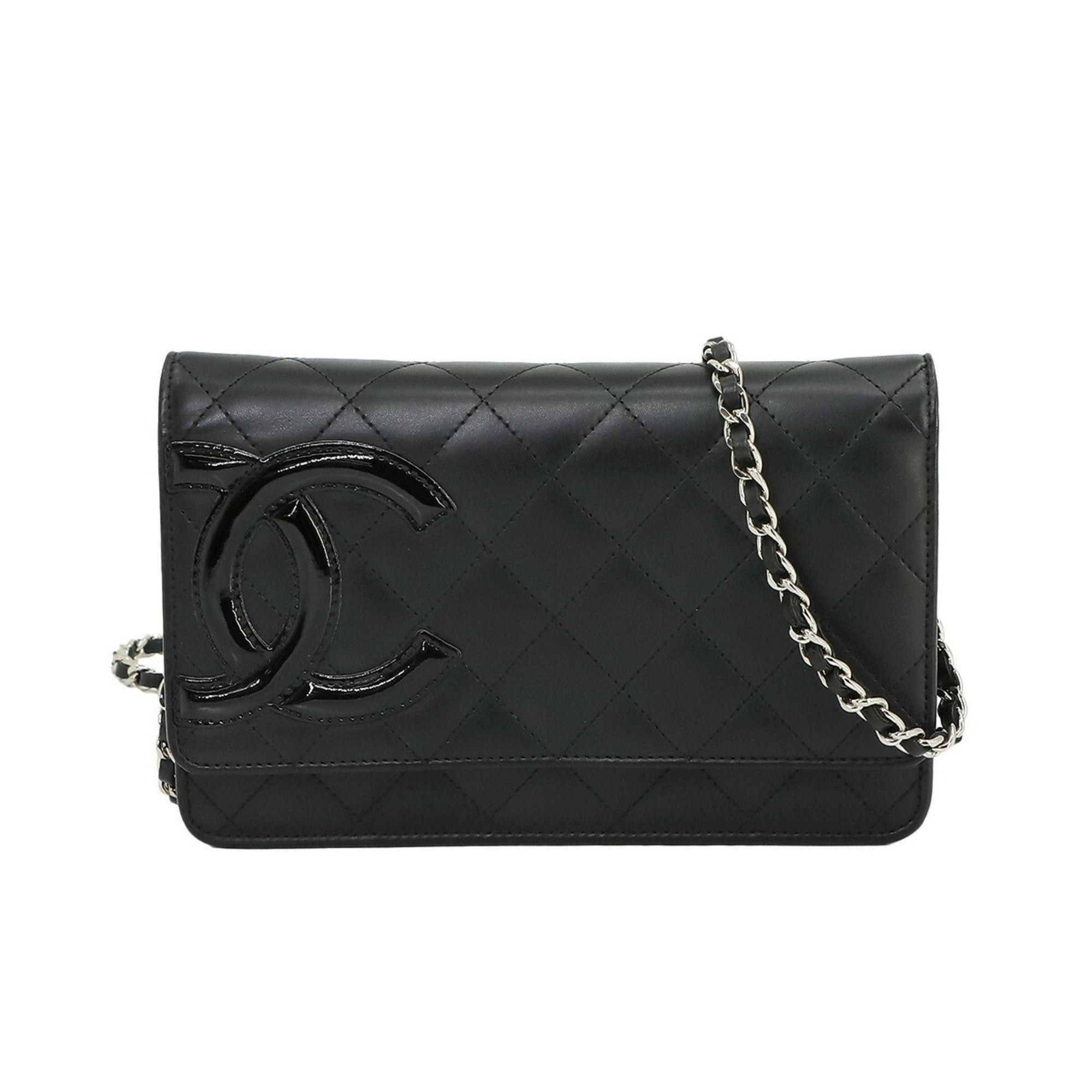 image of Chanel Cambon Line Chain Wallet Bi-Fold Long Leather Enamel Black 6646, Women's