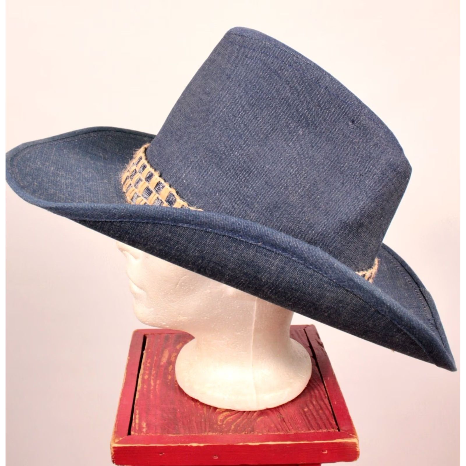 Vintage Men's VTG NOS 70s Blue Denim Cowboy Hat Sz L 1970s Size ONE SIZE - 3 Thumbnail