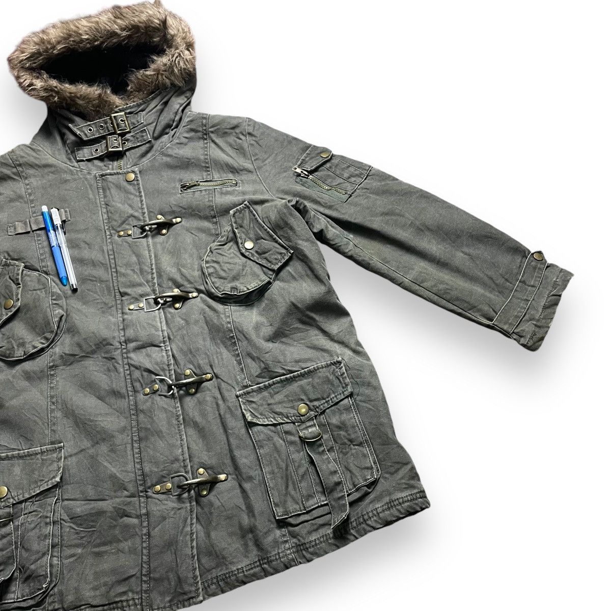 14th Addiction × Japanese Brand × Le Grande Bleu (L.G.B.) 🇯🇵 CRAZY ANGEL MULTIPOCKET BONDAGE FUR HOODIE JACKET Size US XL / EU 56 / 4 - 11 Thumbnail
