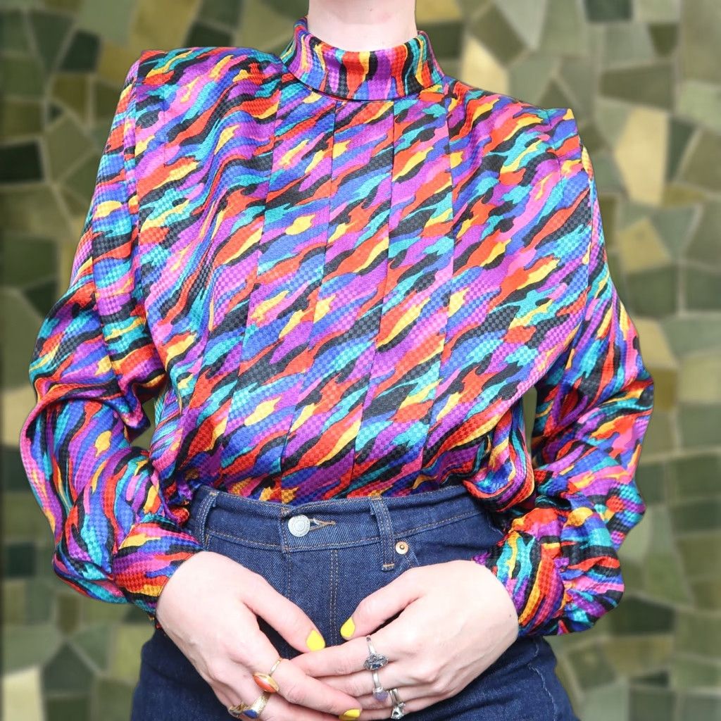 Rainbow VINTAGE Notches Shirt Purple Satin Abstract Print Rainbow 80s 90s Long Sleeve Shoulder Pads Back Buttons Roll Collar Size 13 Womens Size XL / US 12-14 / IT 48-50 - 1 Thumbnail