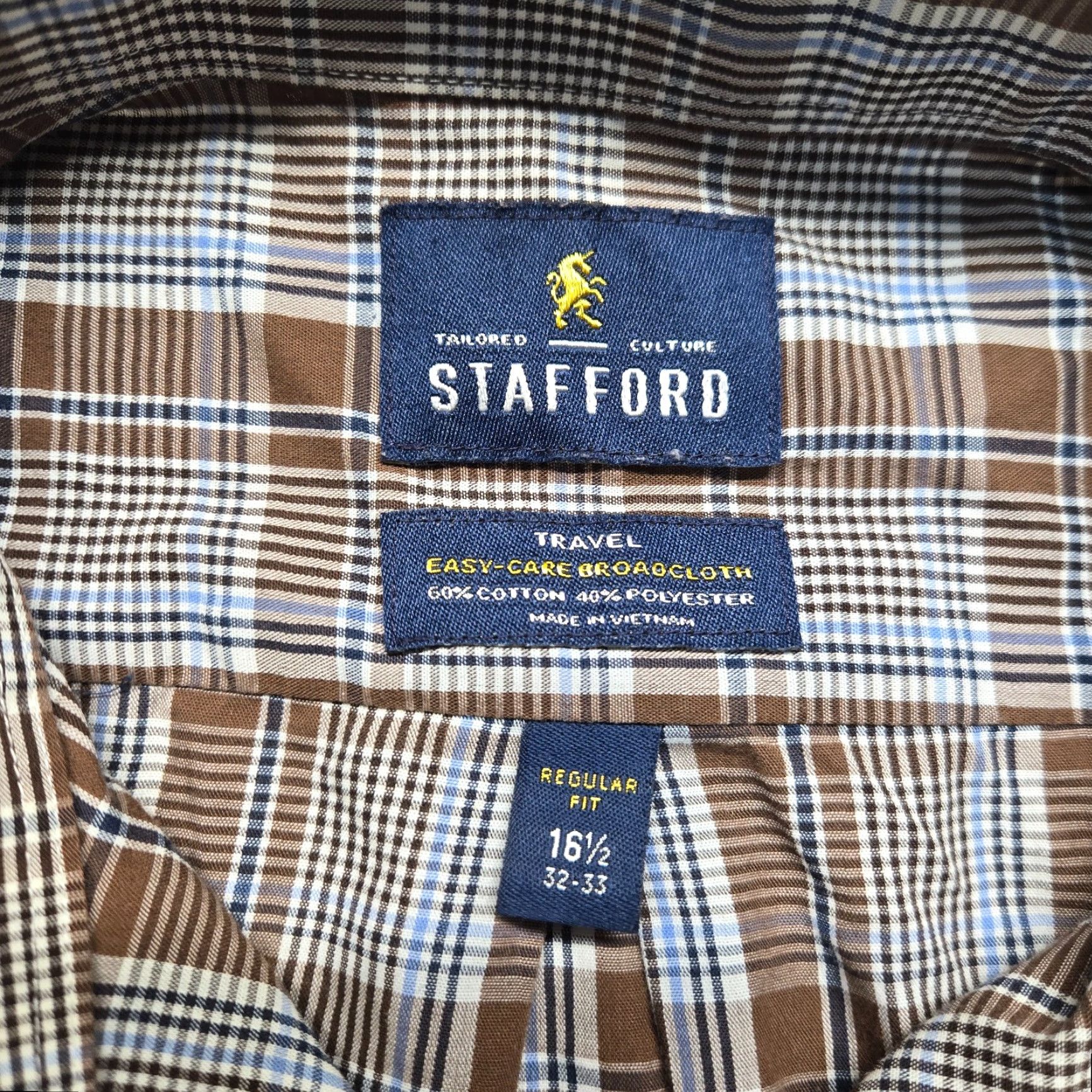 Stafford Stafford Shirt Button-Up Plaid Long Sleeve Regular Fit Men’s 16.5 Brown Cotton Blend Wool/Poly 32-33 Vintage? No – Travel Everyday Style Mens Size US L / EU 52-54 / 3 - 3 Thumbnail