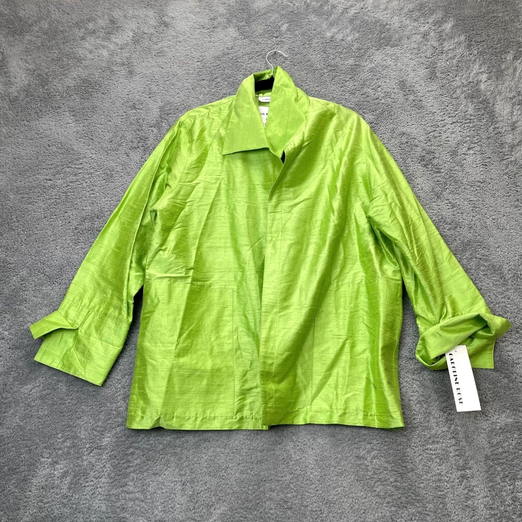 Vintage Caroline Rose Jacket Womens XL Green Silk Open Front Collared Basic Jacket Short Sleeve Casual Daywear Size XL / US 12-14 / IT 48-50 - 2 Thumbnail