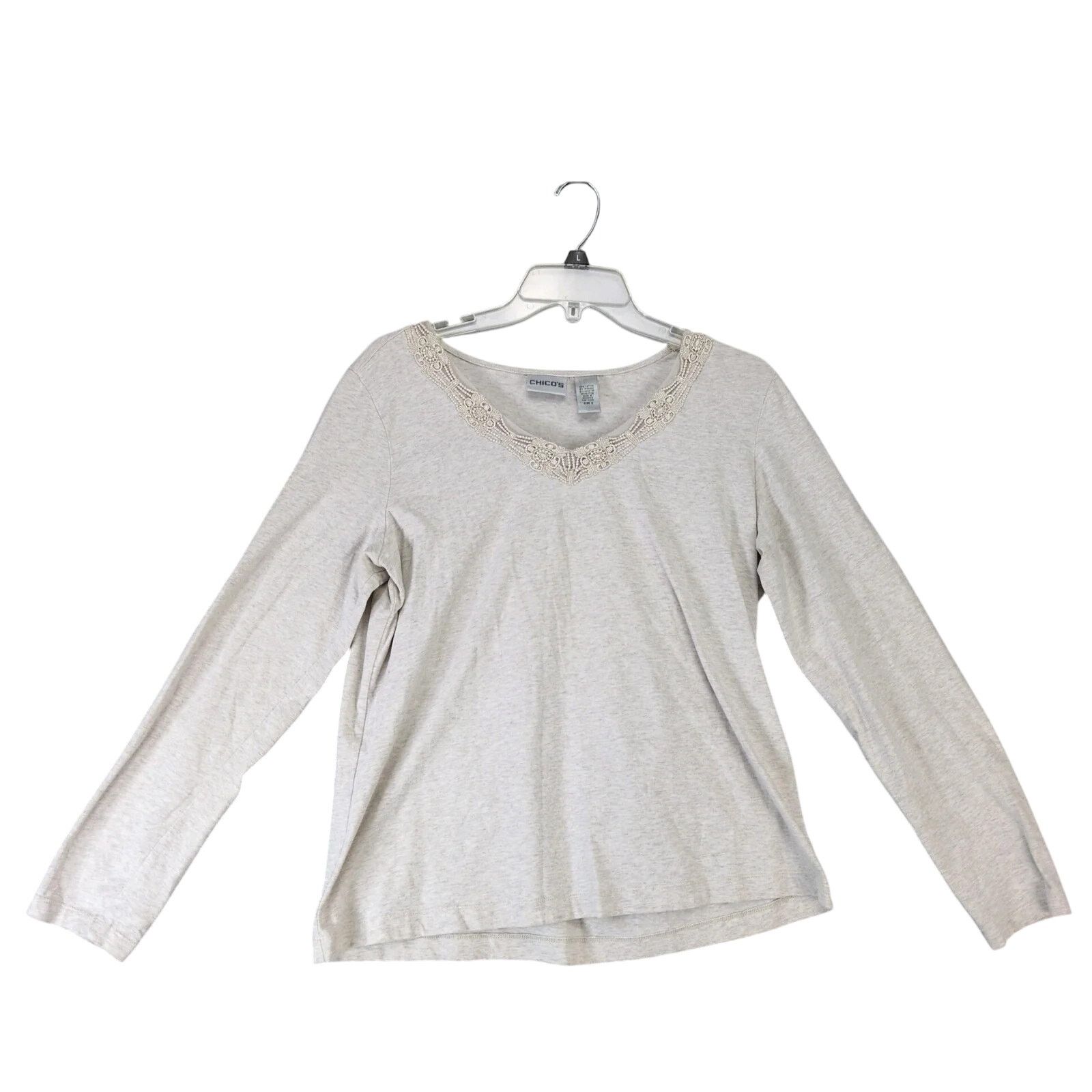 Chicos Chico's Crochet Lace Trim V-Neck Beige Top Women's L/12 Size L / US 10 / IT 46 - 1 Thumbnail