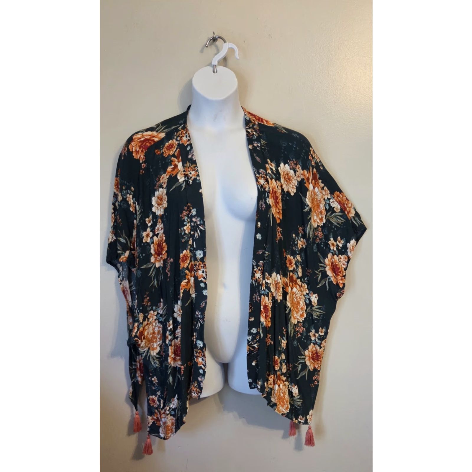 Vintage Knox Rose Cardigan Women XL/2X Green Floral Open Front Boho Hippie Tasseled Duster Size XL / US 12-14 / IT 48-50 - 2 Thumbnail