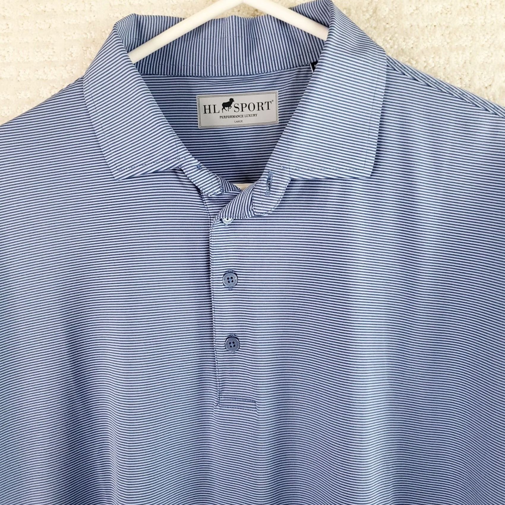 Vintage HL Sport Polo Shirt Men’s L Navy Blue White Striped Short Sleeve Performance Golf Casual Shirt Size US L / EU 52-54 / 3 - 4 Thumbnail
