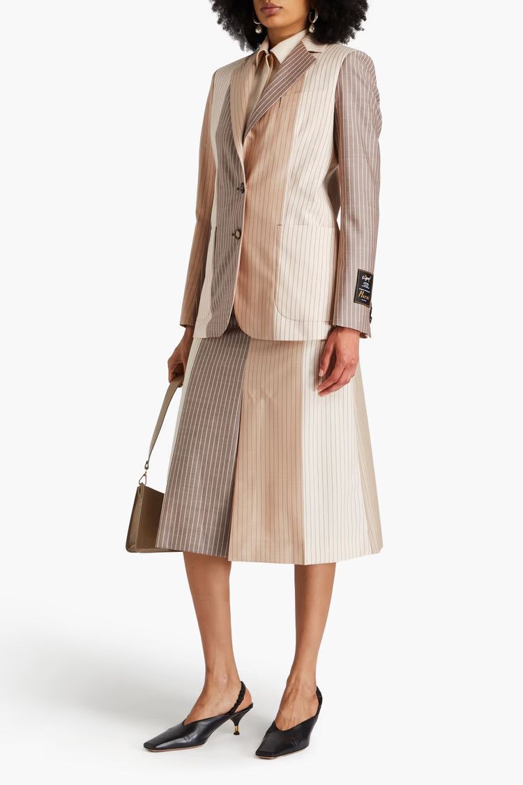 Marni oc11z0525 Color Block Pinstriped Wool Blazer in Mushroom Size L / US 10 / IT 46 - 2 Thumbnail