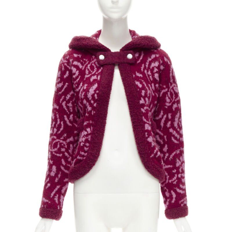Chanel rare CHANEL red pink Camellia CC wool fluffy boucle trim cardigan jacket FR34 XS Size XS / US 0-2 / IT 36-38 - 1 Thumbnail