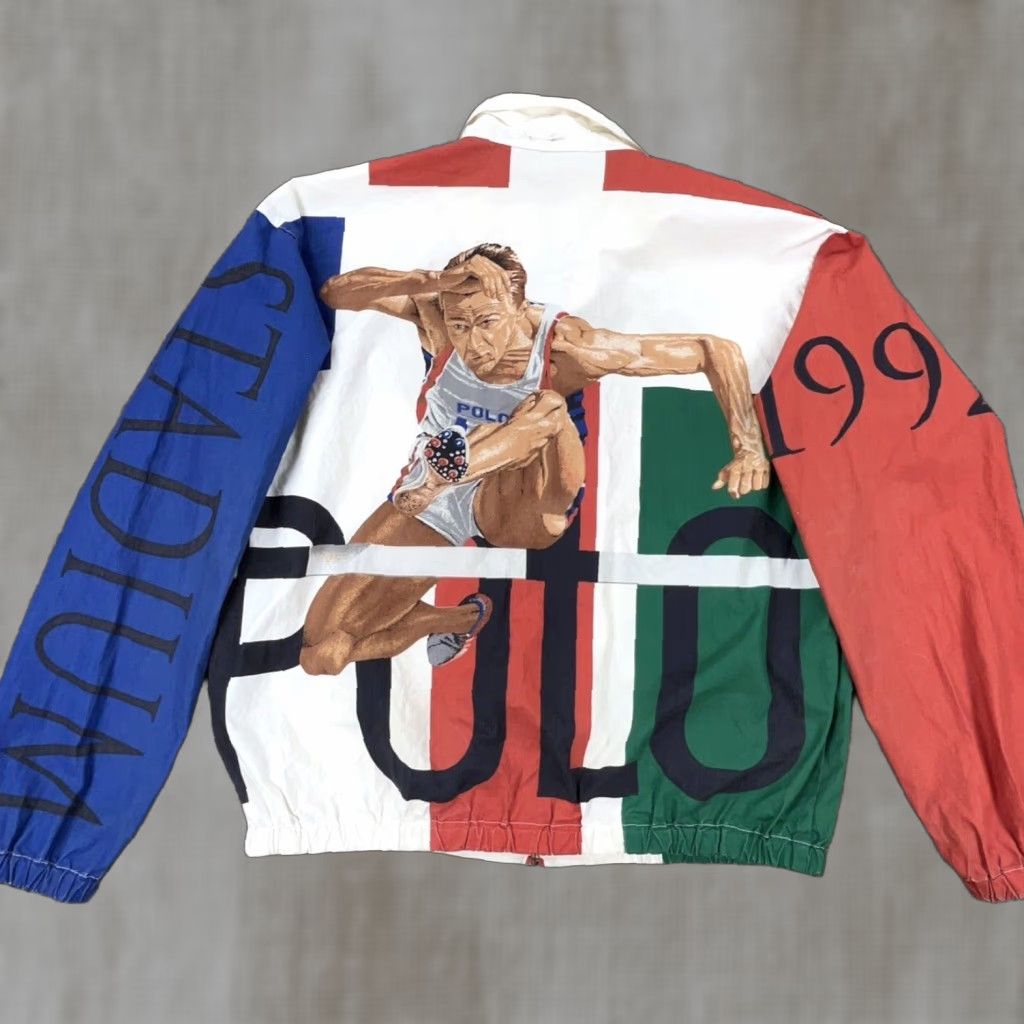 VINTAGE Polo Ralph Lauren Jacket Men M Stadium Hurdle 1992 Olympics Colorblock Multicolor Zip Stand-Up Collar 90s Hip Hop Logos/Embroidered Mens