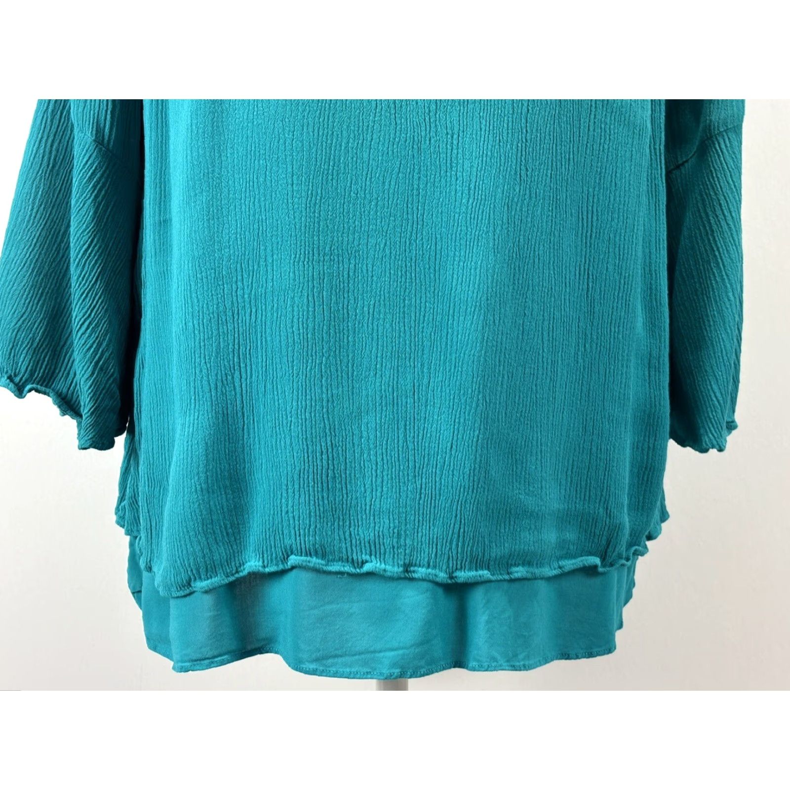 Soft Surroundings Soft Surroundings M Teal Green Blouse Layered Bell Sleeve Crepe Stretch Top Size XL / US 12-14 / IT 48-50 - 6 Thumbnail