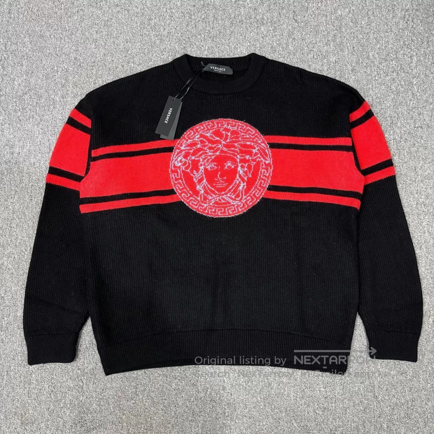 Versace Black Long Sleeve Sweater with Red Stripe & Medusa. Size US L / EU 52-54 / 3 - 1 Thumbnail