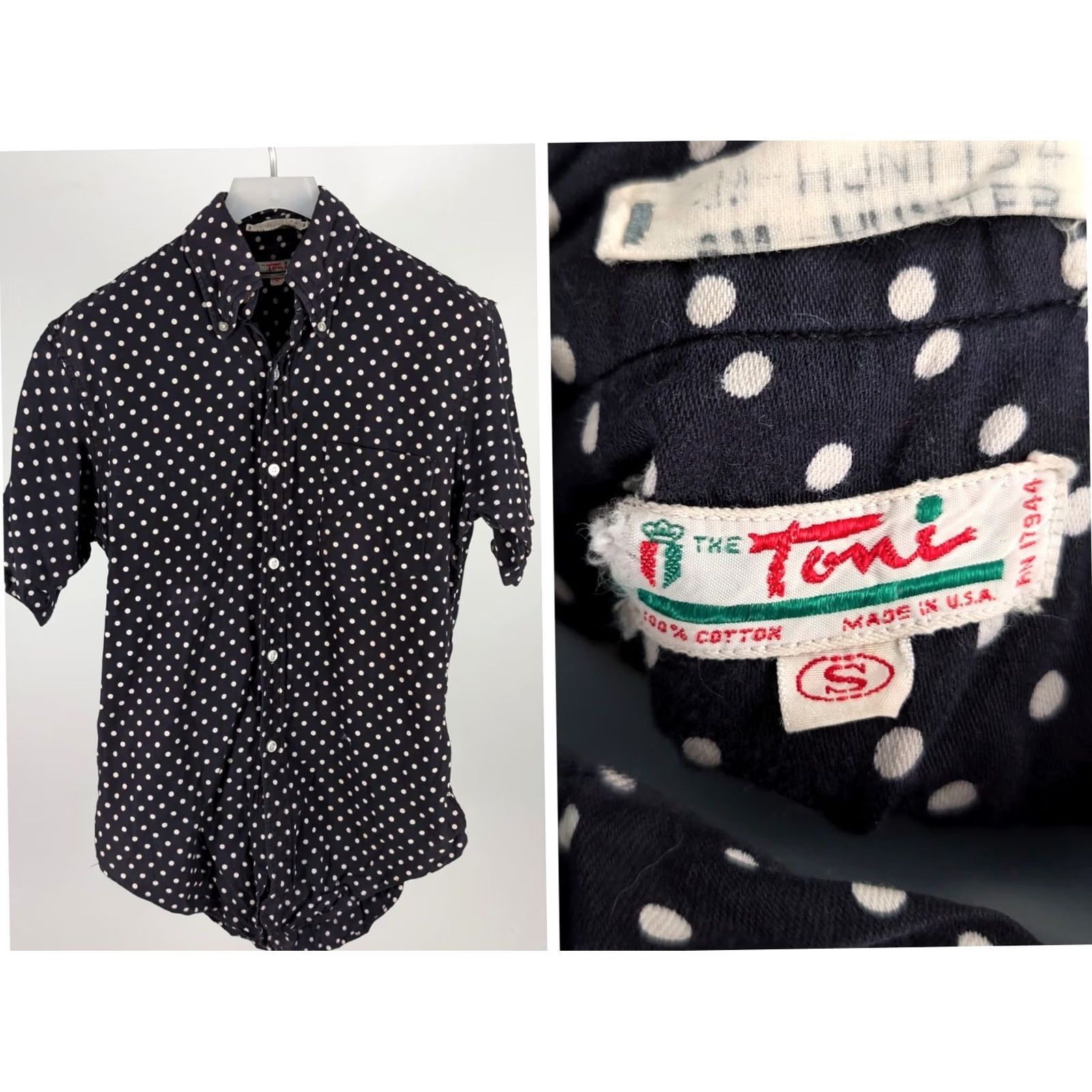 Vintage VINTAGE The Toni Polka Dot Shirt S Navy Cotton Button-Front Short Sleeve USA 60s Mod Ivy League Rockabilly Mens Size US S / EU 44-46 / 1 - 2 Thumbnail