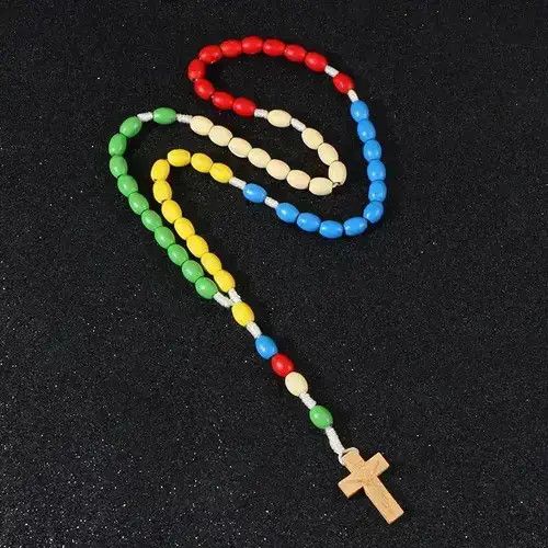 Jewelry Jesus Wooden Weave Colored Rosary Cross Pendant Necklace Size ONE SIZE - 4 Thumbnail
