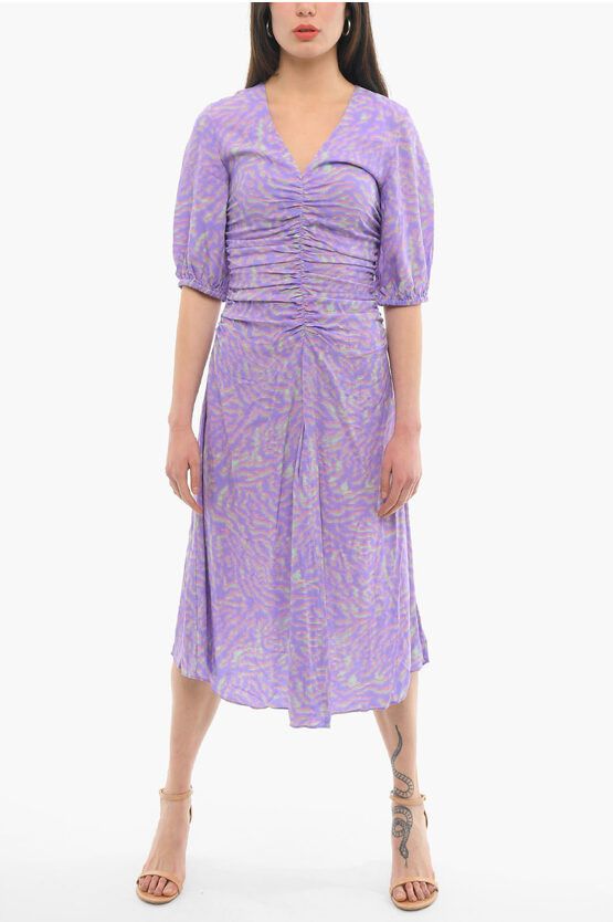 image of Paul Smith 3/4 Sleeved Rouched Printed Dress in Violet, Women's (Size XS)