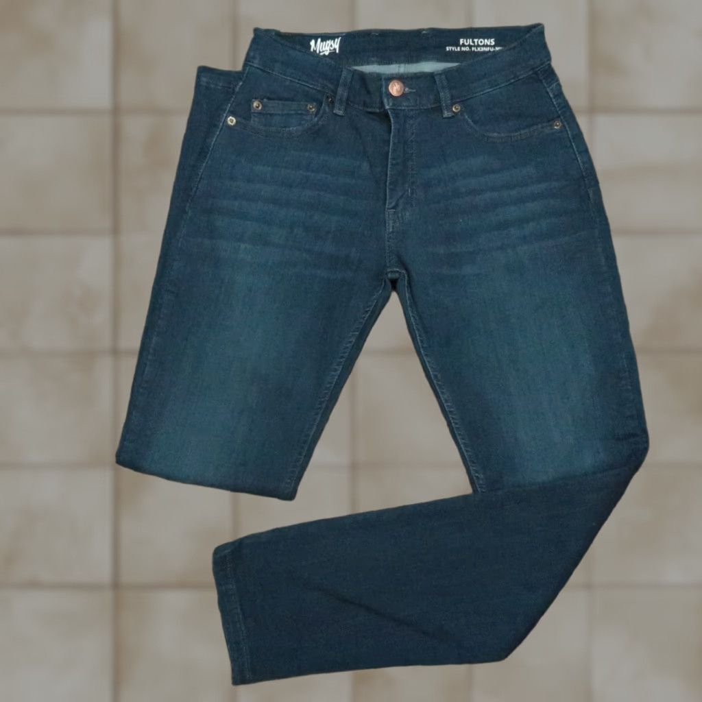 Mugsy Jeans Mens 30x32 Blue Fultons 5 Pocket Straight Stretch Dark Wash Denim Button Zip