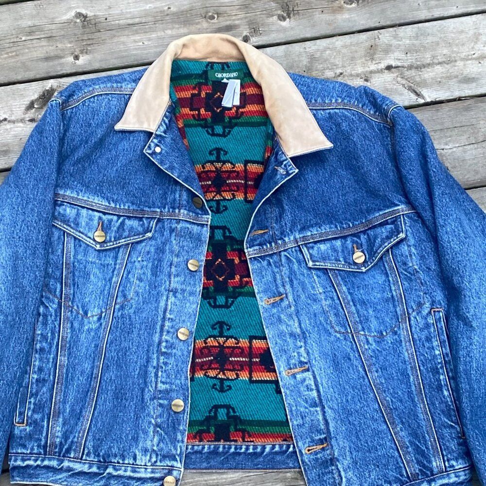 Giordano × Vintage Vintage 1980s Blanket Lined Giordano Aztec Denim Jacket Lar Size US L / EU 52-54 / 3 - 3 Thumbnail