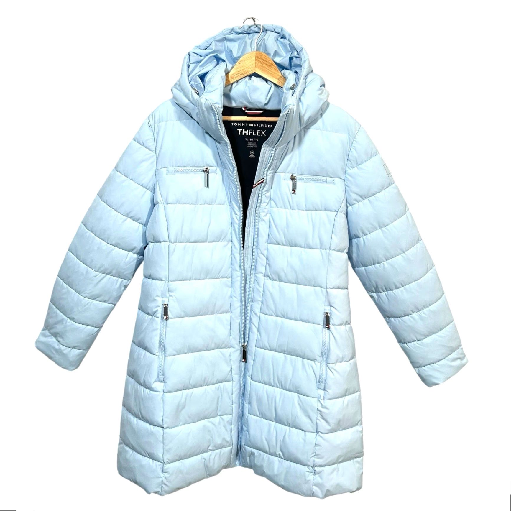 Tommy Hilfiger Tommy Hilfiger Womens Long Puffer Jacket Winter Coat XL Light Blue Zip Pockets Coat Womens XL Blue Quilted Hooded Removable Hood Puffer Jacket Size XL / US 12-14 / IT 48-50 - 4 Thumbnail