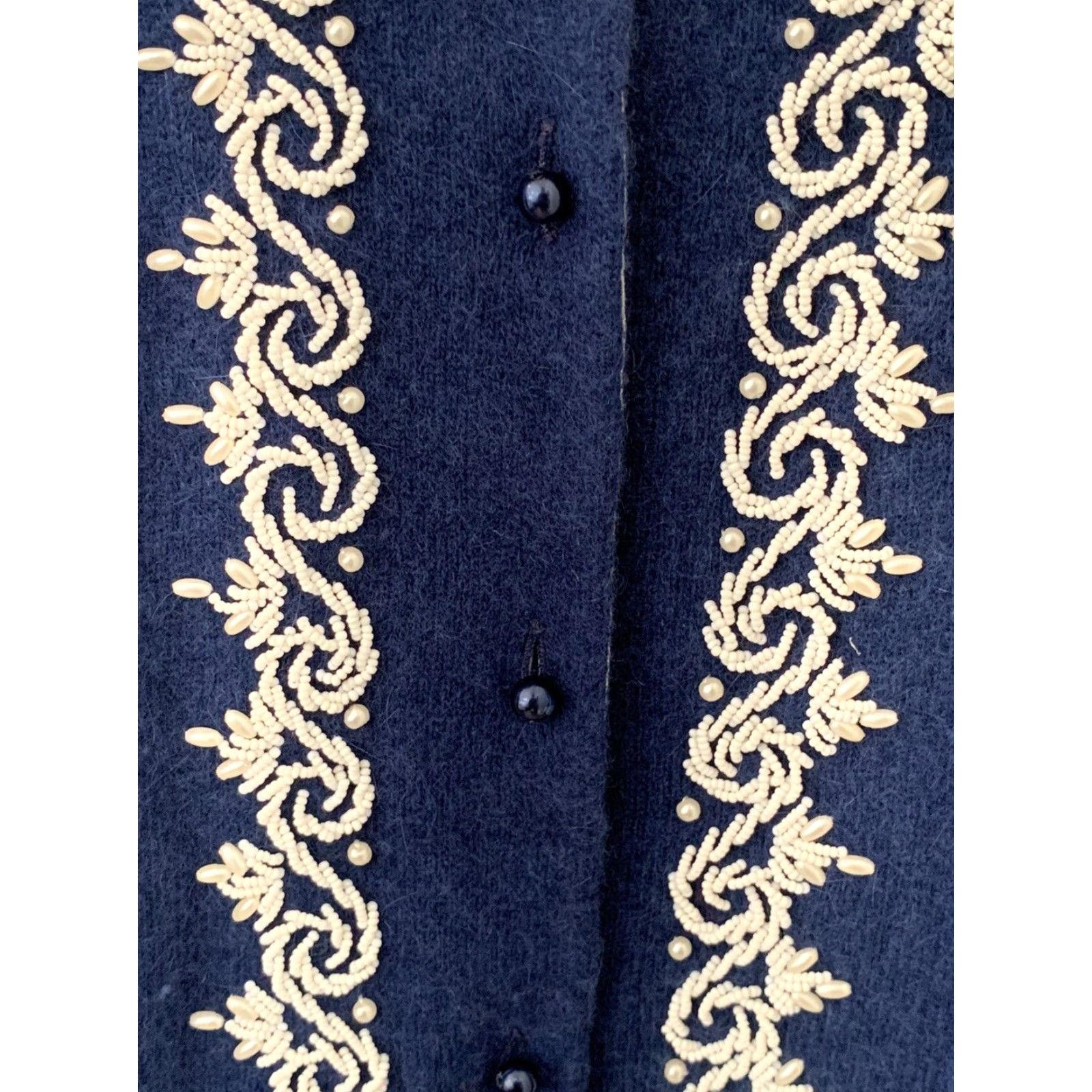 Vintage VINTAGE Wang's Fashion Women's Cardigan Sweater 1960s Rockabilly Beaded Navy Size S/M Size S / US 4 / IT 40 - 4 Thumbnail