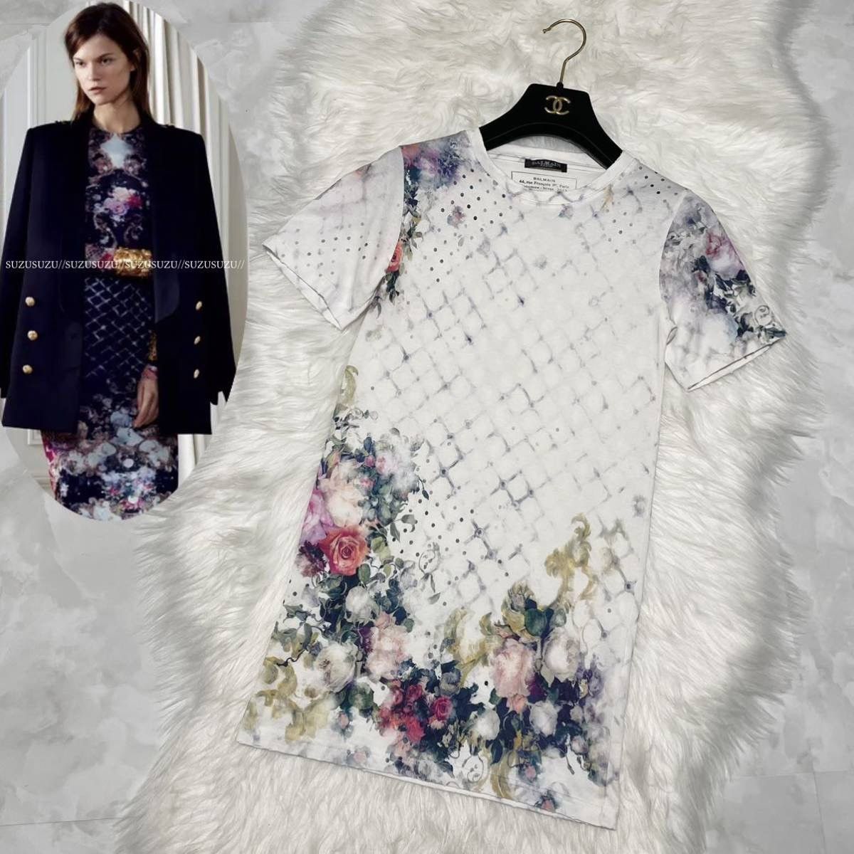 Balmain Floral Distressed Short Sleeve T-Shirt Tunic 34
