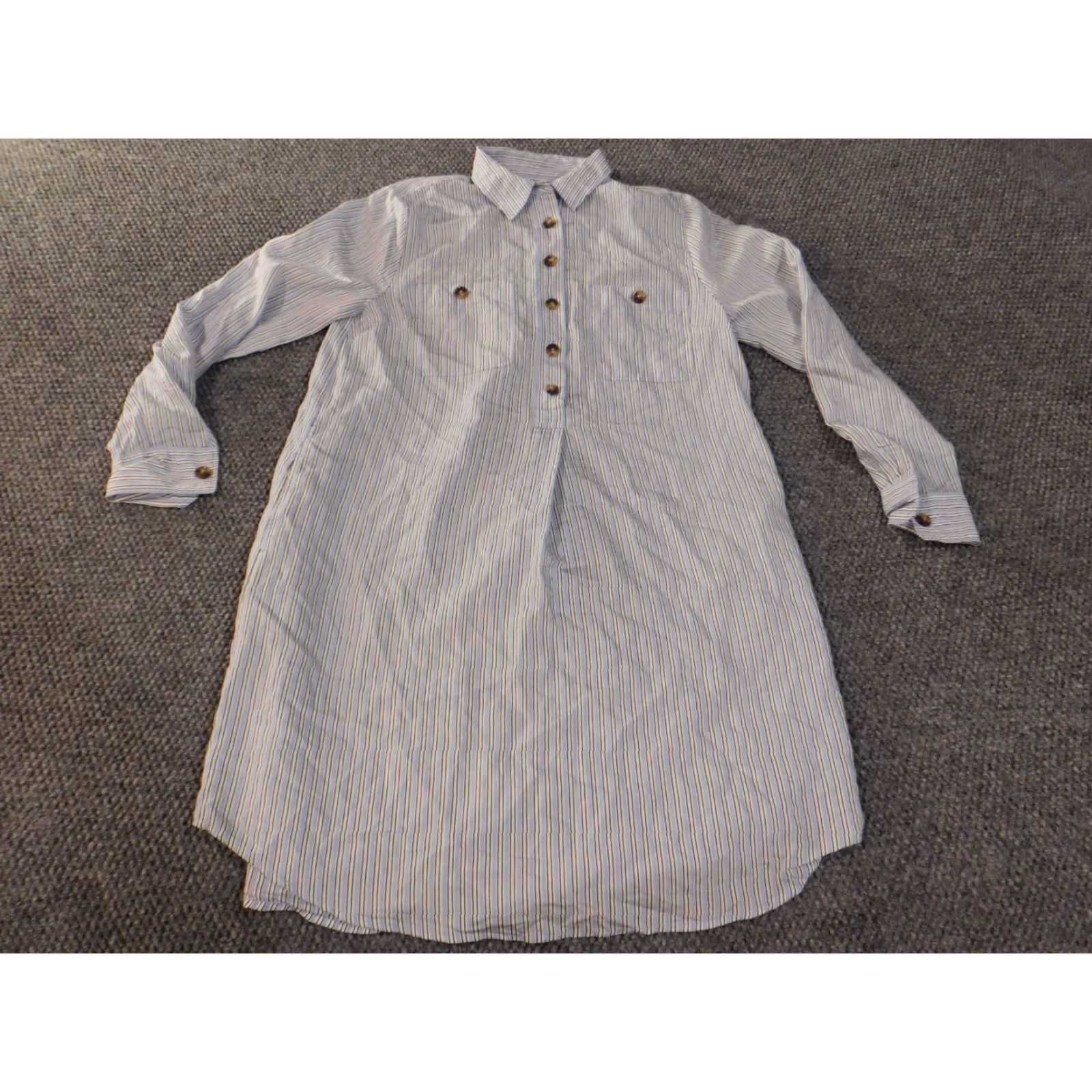Loft LOFT Shirt Dress Blue Striped Long Sleeve Collared Button Viscose Lyocell Nylon Knee Length Womens S Regular Casual Vintage No stretch Size S / US 4 / IT 40 - 2 Thumbnail