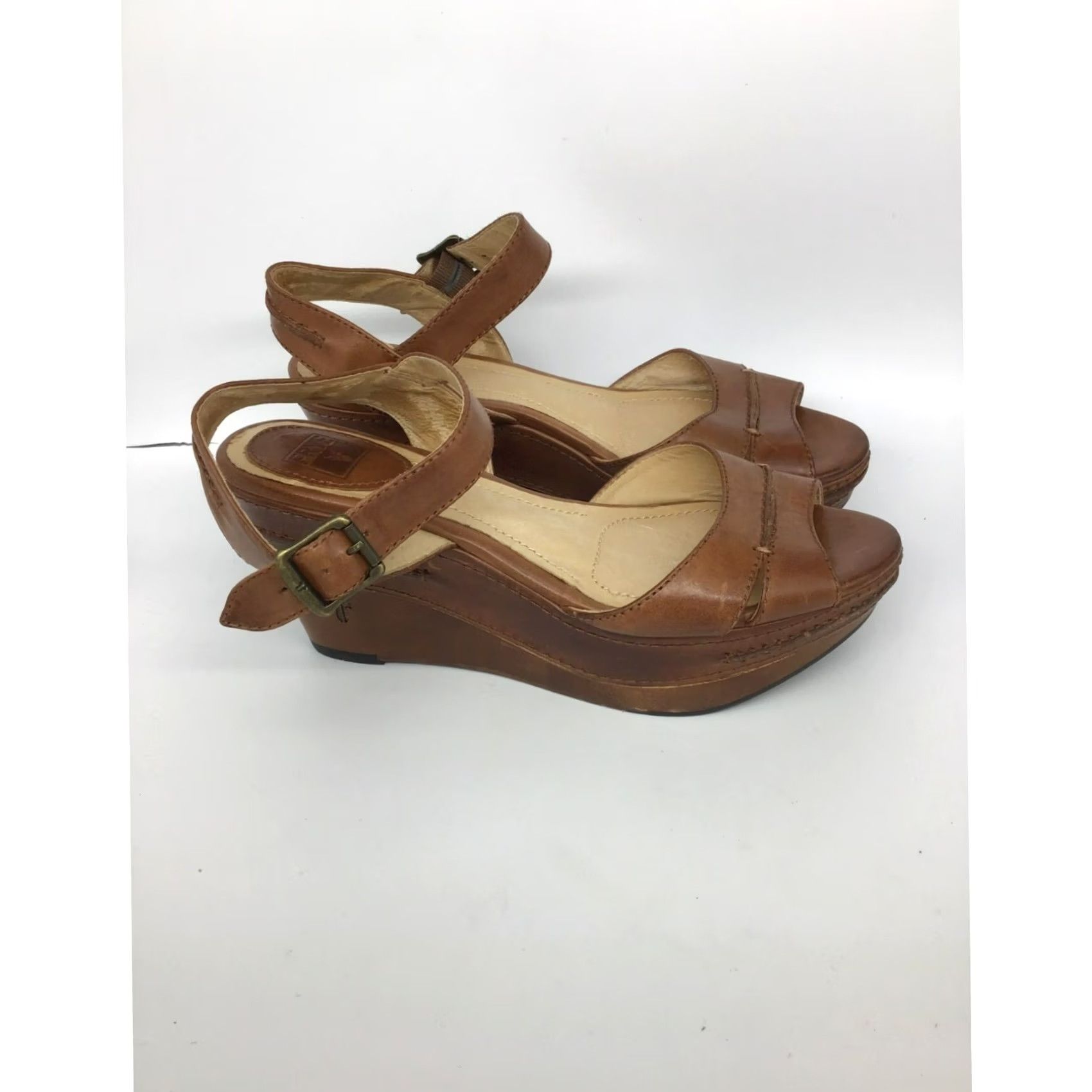 Frye VINTAGE Frye Women’s Leather Wedge Heels #1510 Shoes Brown 8M Platform Adjustable Strap Womens 8M Heels Brown Frye Wedge Shoes Size US 8 / IT 38 - 3 Thumbnail