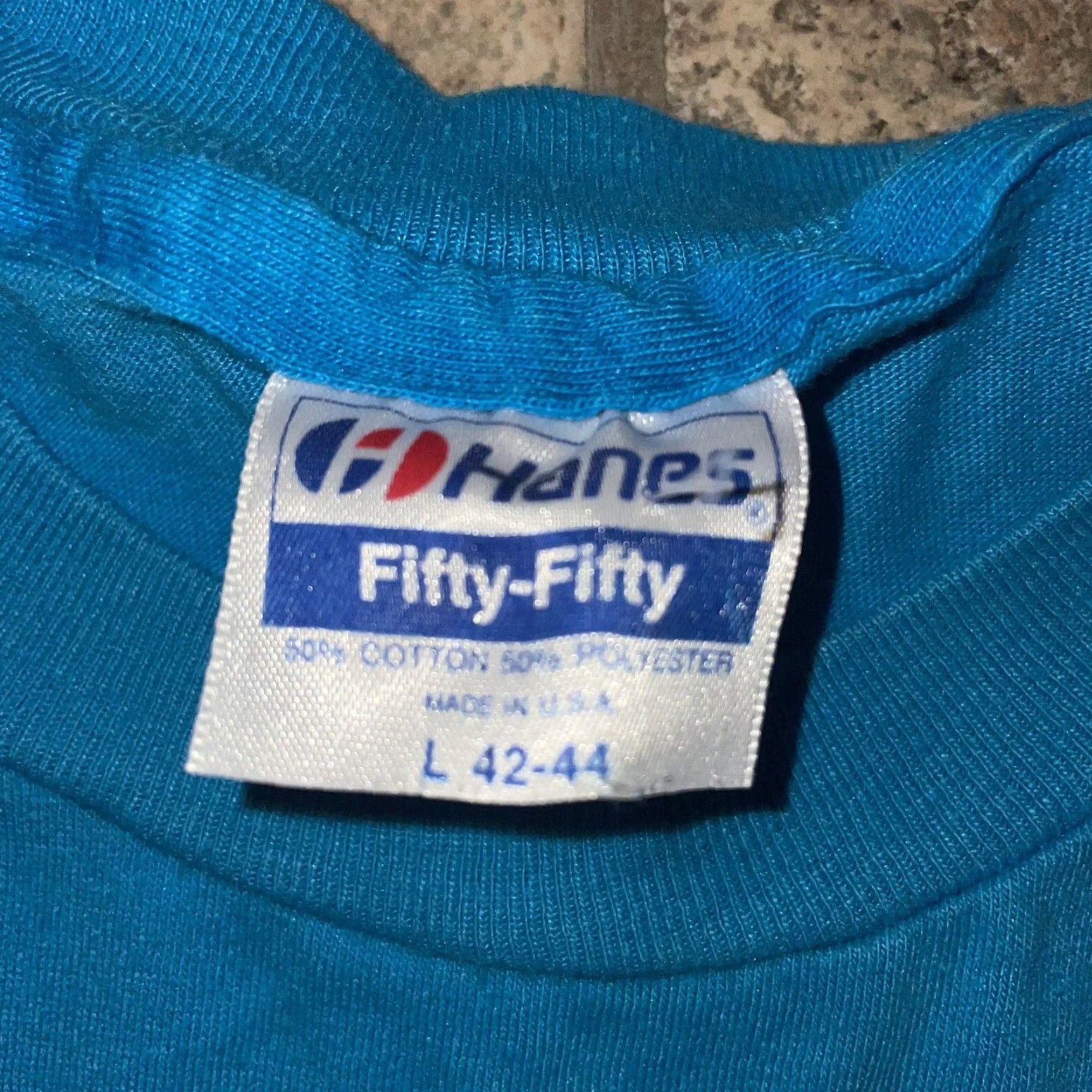 Hanes VINTAGE Hanes Fifty-Fifty T-Shirt Shirt Men L Blue Stitch Outdoor Mens Size US L / EU 52-54 / 3 - 4 Thumbnail