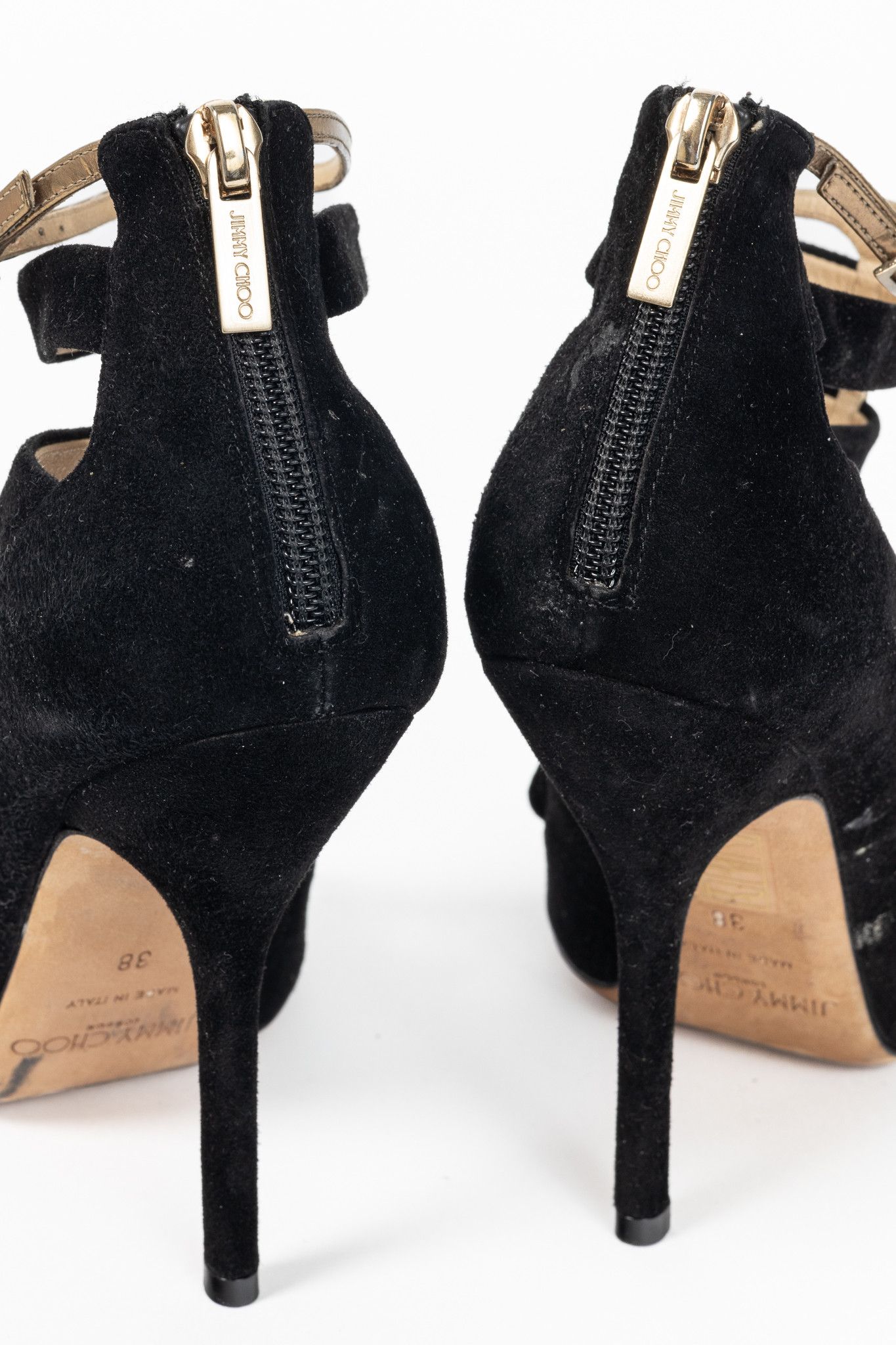 Jimmy Choo Jimmy Choo Fathom Black & Gold Suede Strappy Sandals Size US 7.5 / IT 37.5 - 10 Thumbnail