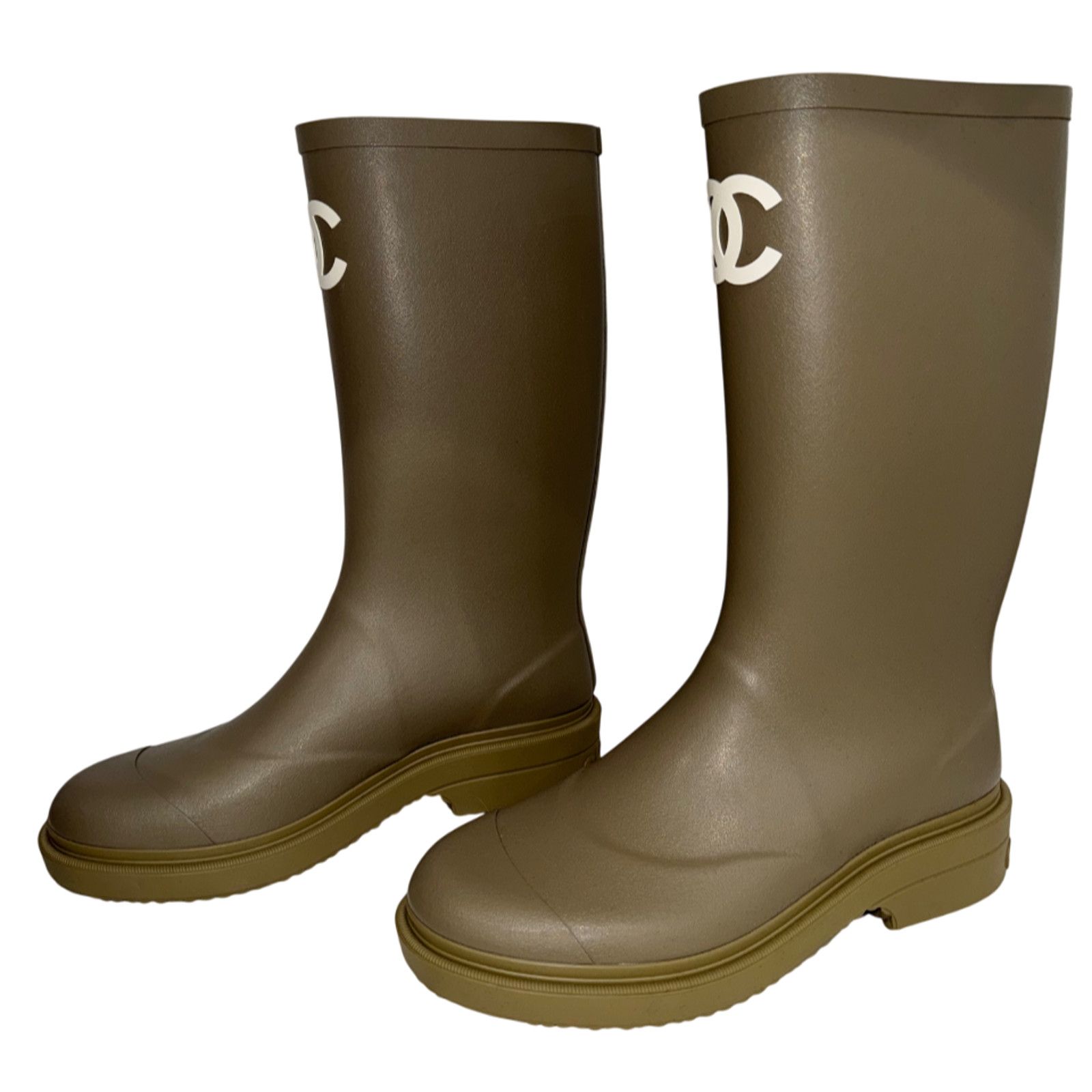 Chanel Dark Beige Moss Green White CC Logo High Rubber Rain Boot 42 Size US 12 / IT 42 - 11 Thumbnail