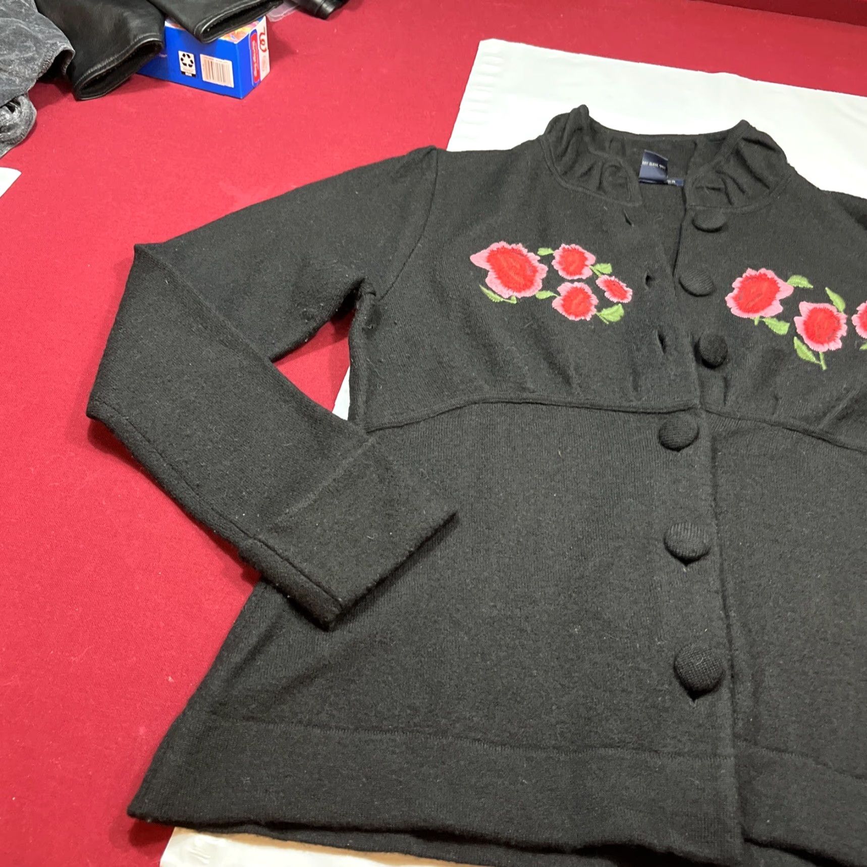 Boston Proper L BLACK Wool PINK ROSES SWEATER Cardigan BUTTON High Collar Jacket Coat Size L / US 10 / IT 46 - 7 Thumbnail