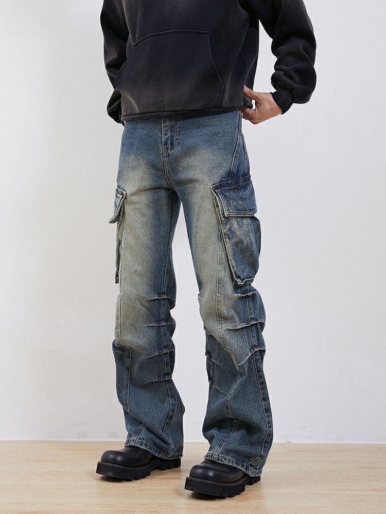 washed faded pleated flared cargo jeans