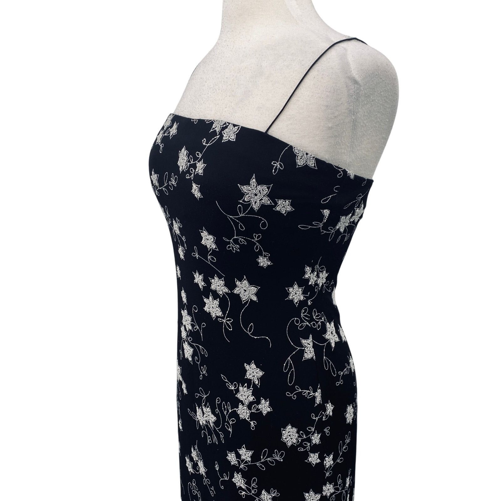 Vintage Vintage 90s Y2k Sparkle Bead Floral Column Gown Black Silver Size S / US 4 / IT 40 - 4 Thumbnail