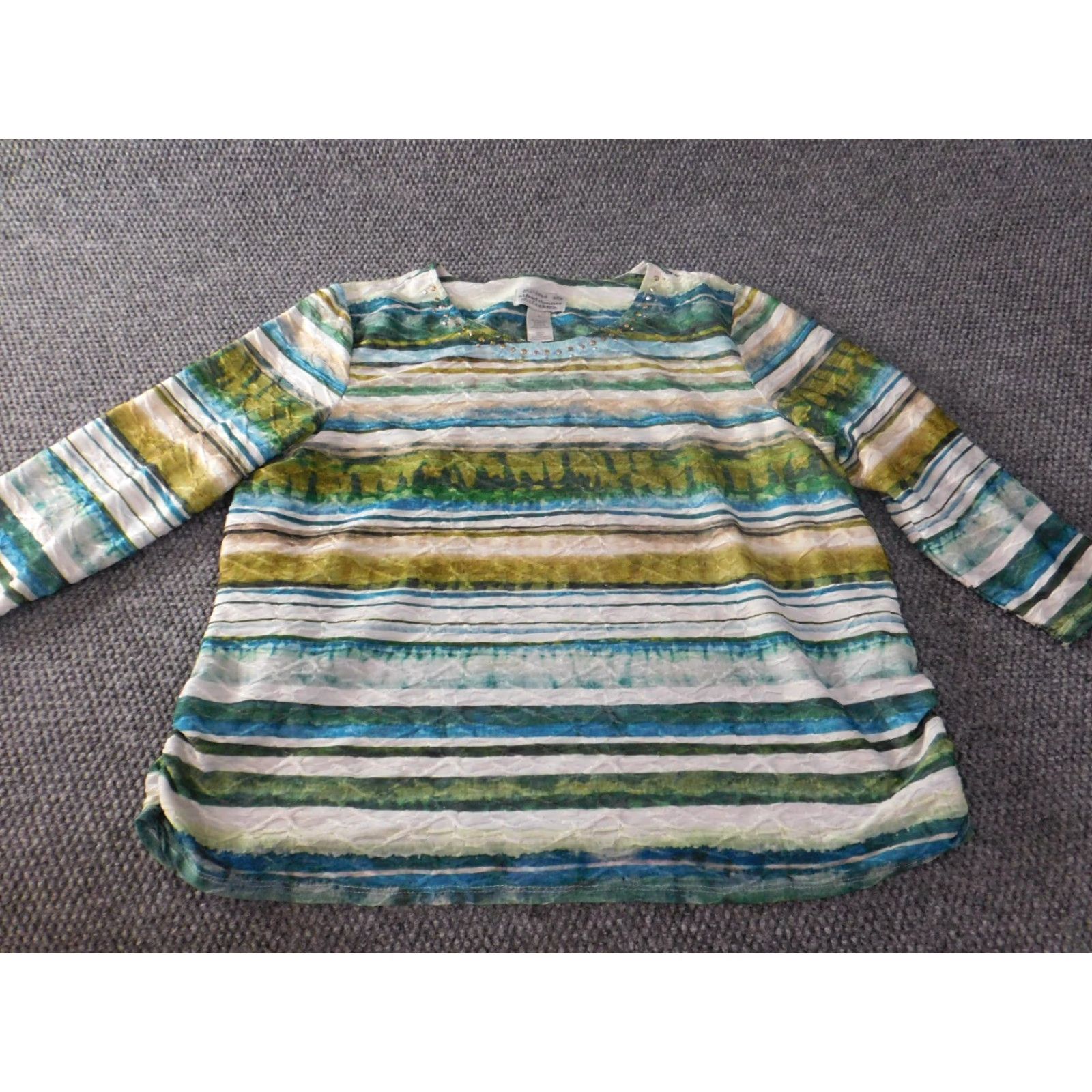 Vintage Alfred Dunner Blouse Shirt Womens L Green Striped Round Neck Pullover Stretch Casual Vintage: No Size L / US 10 / IT 46 - 2 Thumbnail