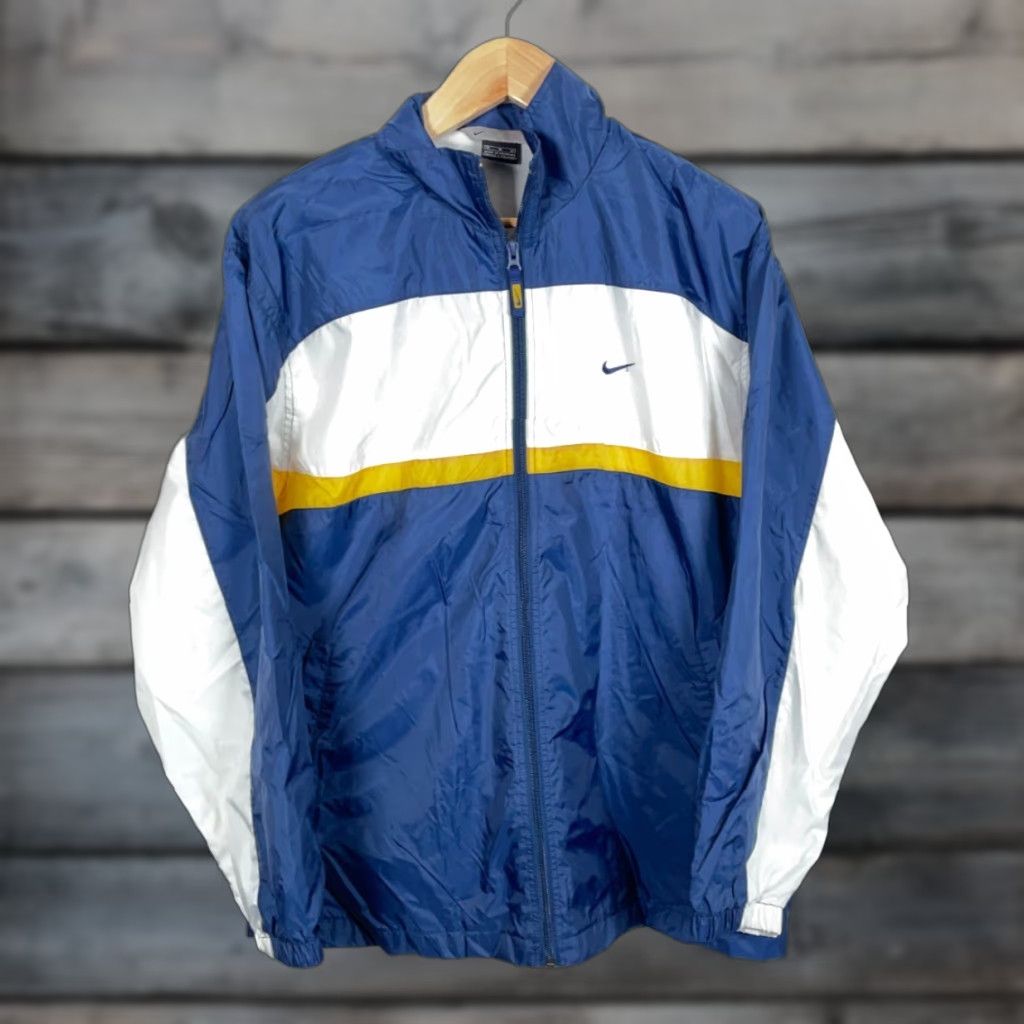 Nike VINTAGE Nike Windbreaker Jacket Zip Up Full Zip Lined Striped Nylon Polyester Men M Blue Yellow White 90s Retro Logo Pockets Front Zip Mens Size US M / EU 48-50 / 2 - 1 Thumbnail