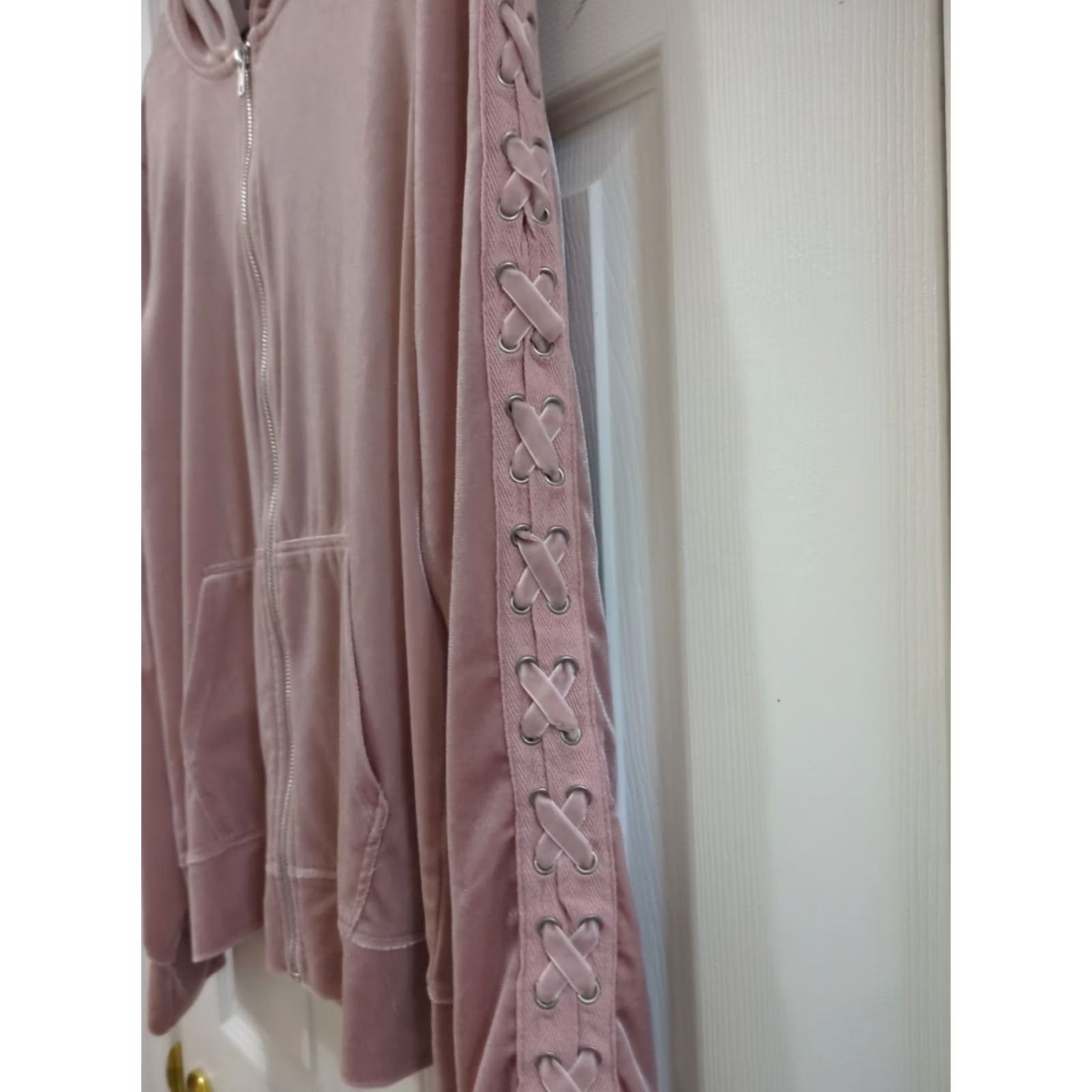 Velour Material Girl Hoodie Woman L Pink Velour Lace Up Sleeves Zip Jacket Size L Size L / US 10 / IT 46 - 3 Thumbnail