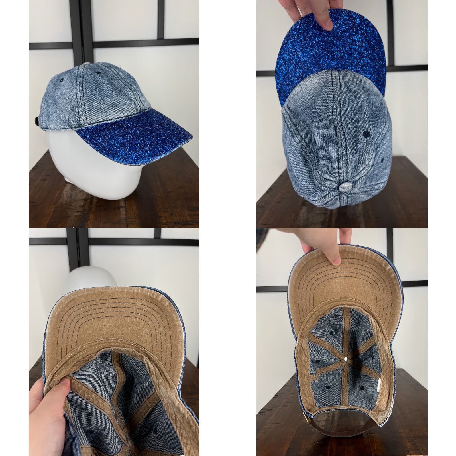 Walmart Walmart Hat Strap Back Womens One Size Blue Denim Look Glittery Sparkly Bill Cotton Size ONE SIZE - 8 Thumbnail
