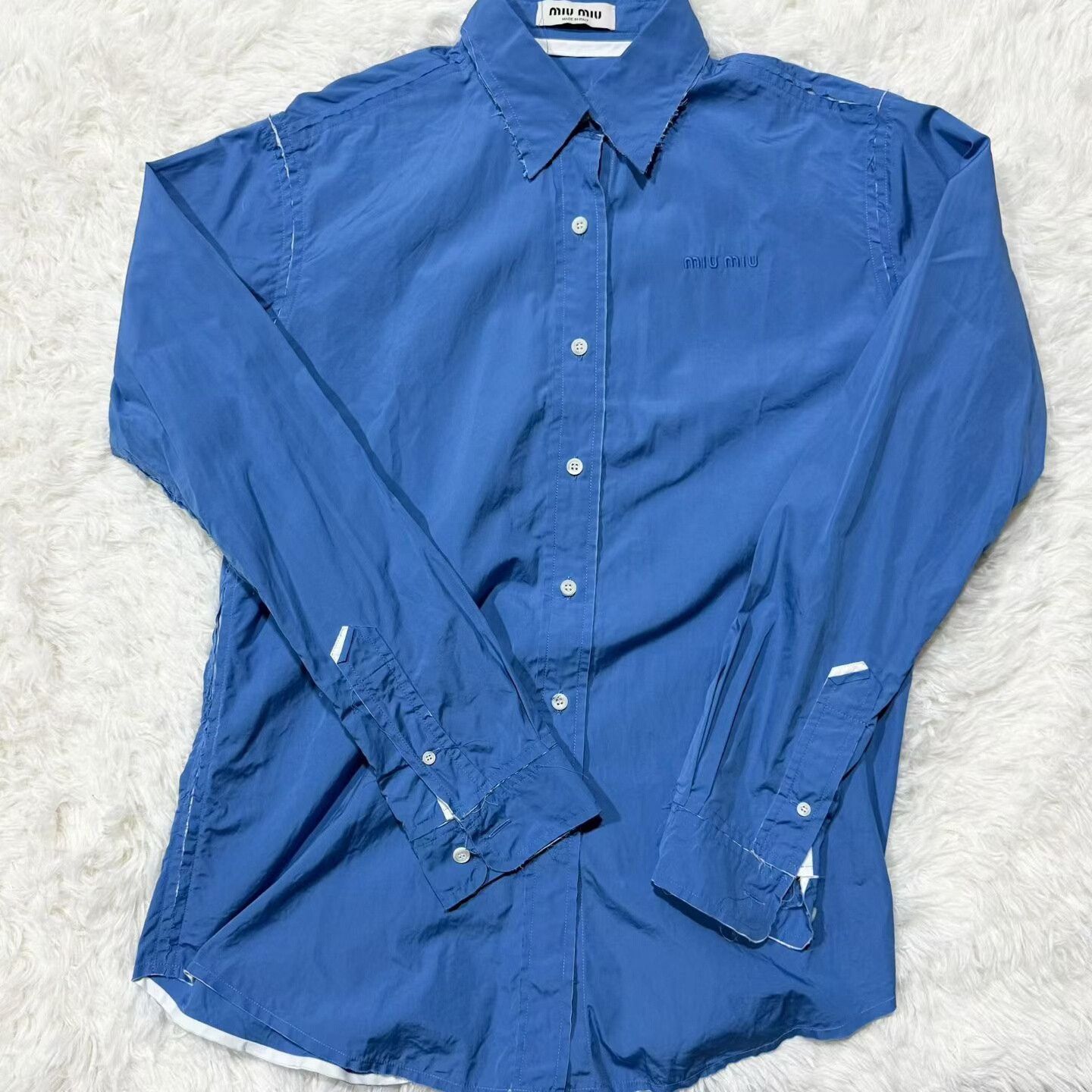 Miu Miu Miumiu Frayed Trim Poplin Long-Sleeve Shirt Size S / US 4 / IT 40 - 1 Thumbnail