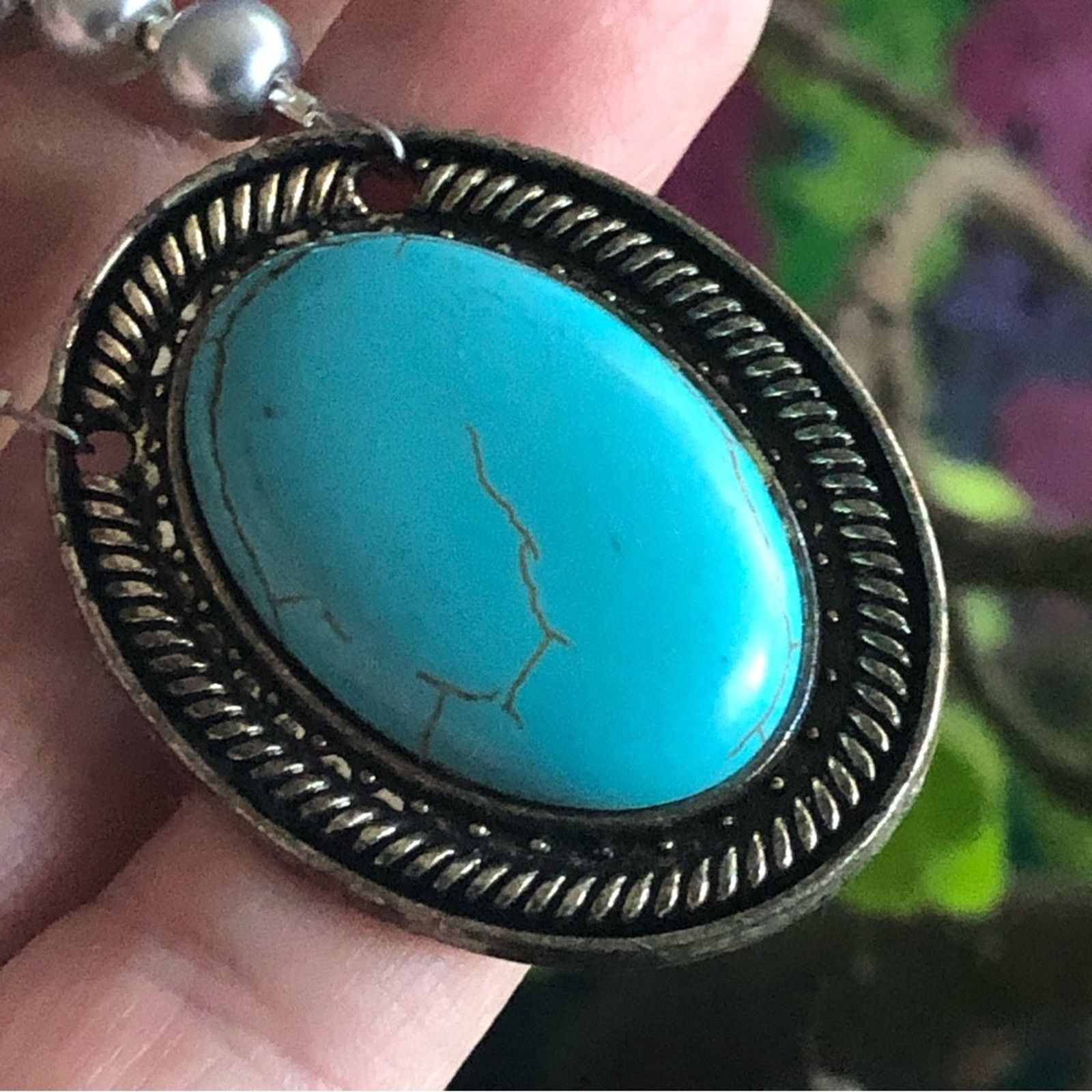 Handmade Handcrafted repurpose oval turquenite pendant Pearl necklace Size ONE SIZE - 8 Thumbnail
