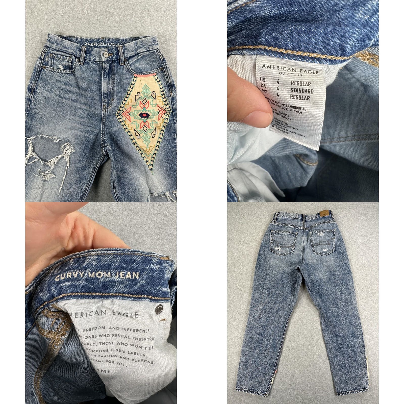 American Eagle Outfitters VINTAGE American Eagle Outfitters Jeans Womens 4 Blue High Rise Distressed Lace Mom Embroidered Pockets Bohemian 90s Womens Size 27" / US 4 / IT 40 - 8 Thumbnail