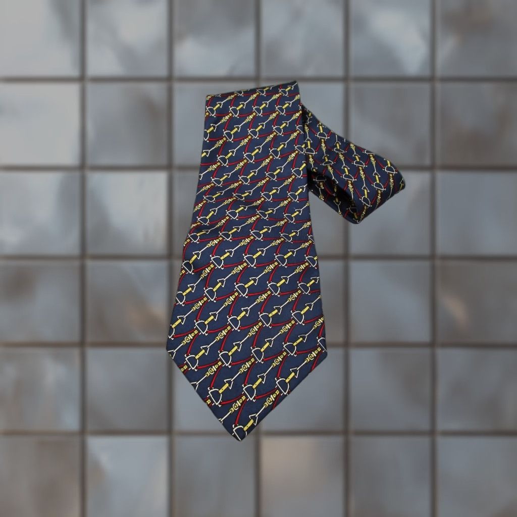 Vintage VINTAGE Christopher Hayes Men's Blue Silk Necktie Geometric Equestrian Horse Bit Made in USA 57"-60" Classic 1 Size Navy Mens Silk Tie Size ONE SIZE - 1 Thumbnail