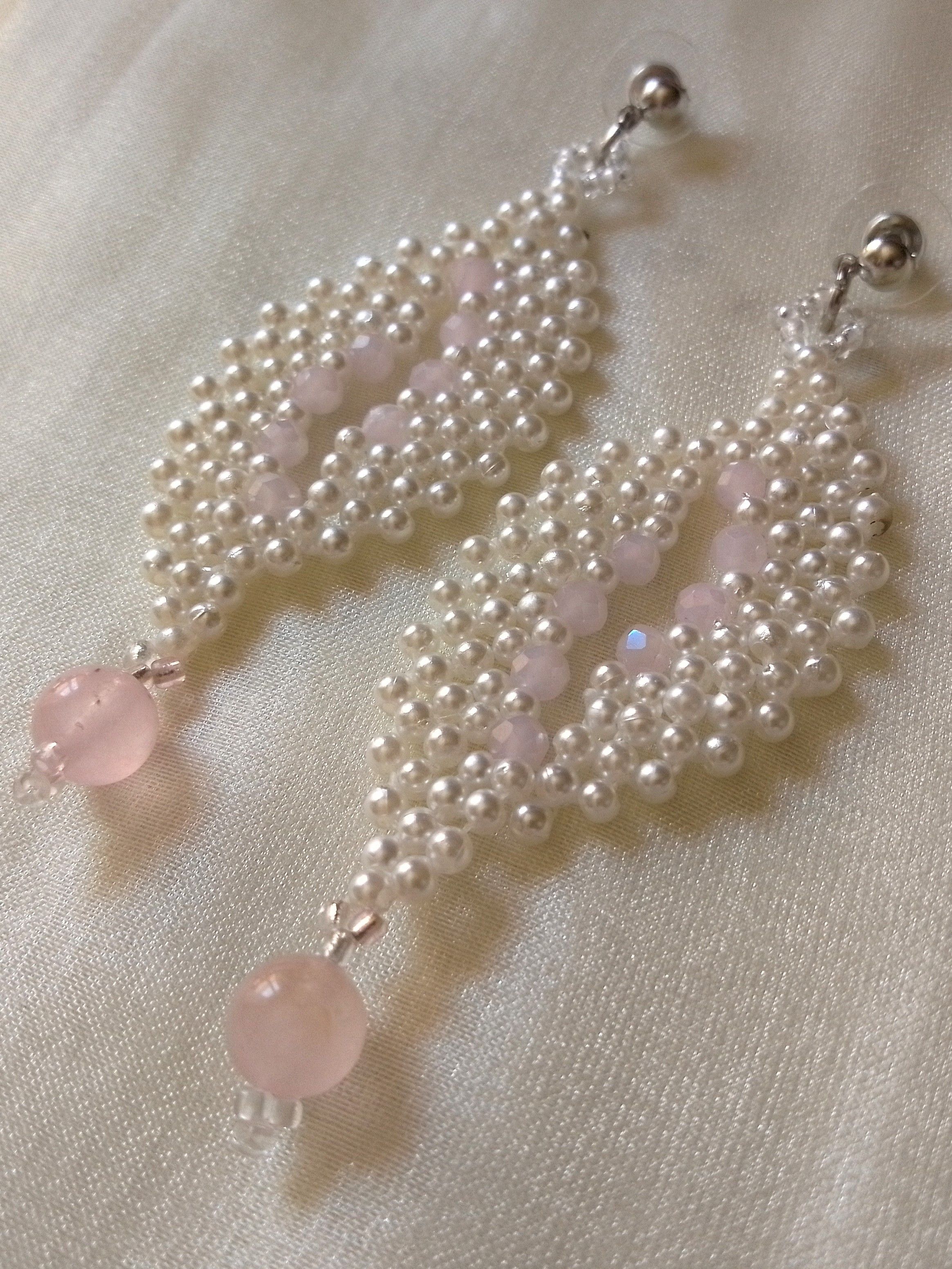 Handmade Dangling pearls earrings with natural rose quartz gemstones Size ONE SIZE - 1 Thumbnail