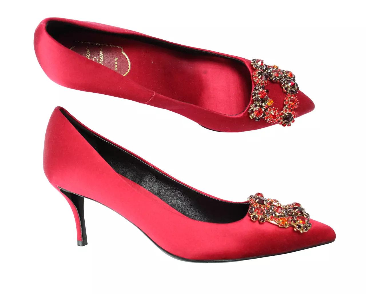 Roger Vivier ROGER VIVIER Women's EU 38 Crystal Flower Red Satin Heels Size US 8 / IT 38 - 2 Thumbnail