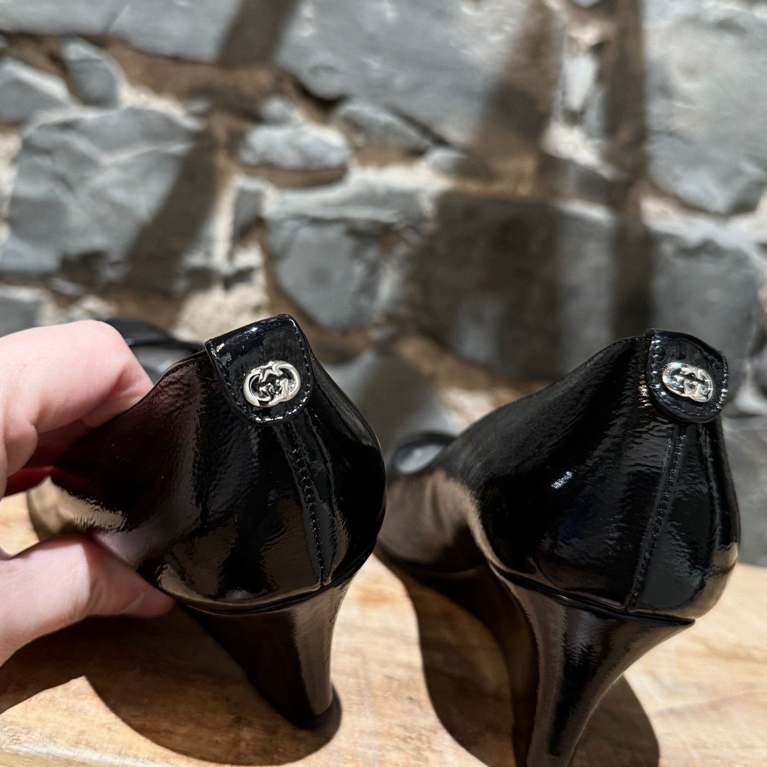 Gucci Gucci Black Patent GG Wedge Pumps Size US 7.5 / IT 37.5 - 6 Thumbnail
